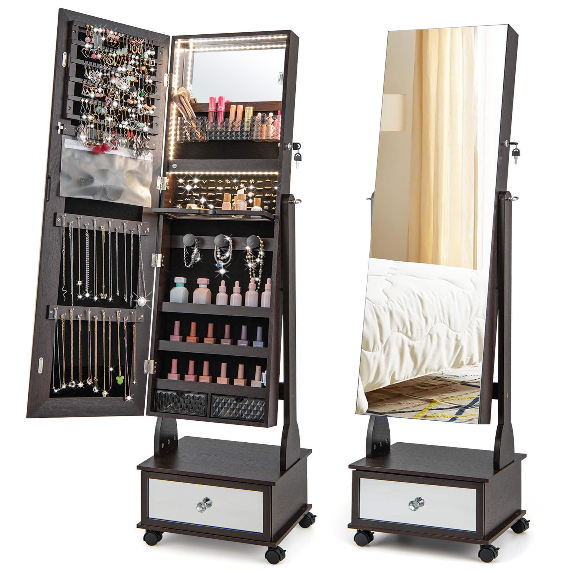 Front. Costway - Jewelry Cabinet Armoire Full-Length Mirror Lockable with 3-Color LED Lights Brown - Brown.