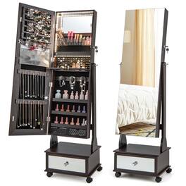 Costway - Jewelry Cabinet Armoire Full-Length Mirror Lockable with 3-Color LED Lights - Brown