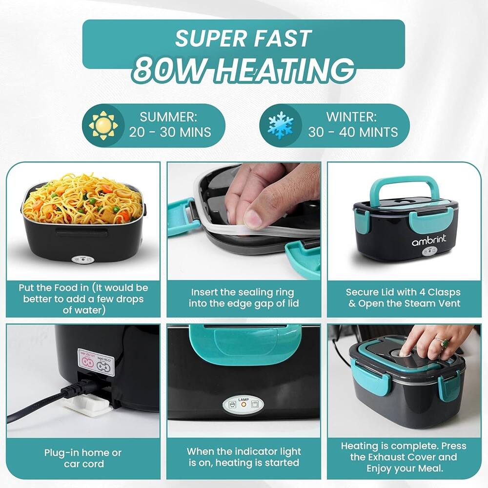 **SUPER FAST 80W HEATING**

- **SUMMER:** 20 - 30 MINS
- **WINTER:** 30 - 40 MINS

1. Put the Food in (It would be better to add a few drops of water)
2. Insert the sealing ring into the edge gap of lid
3. Secure Lid with 4 Clasps & Open the Steam Vent
4. Plug-in home or car cord
5. When the indicator light is on, heating is started
6. Heating is complete. Press the Exhaust Cover and Enjoy your Meal.