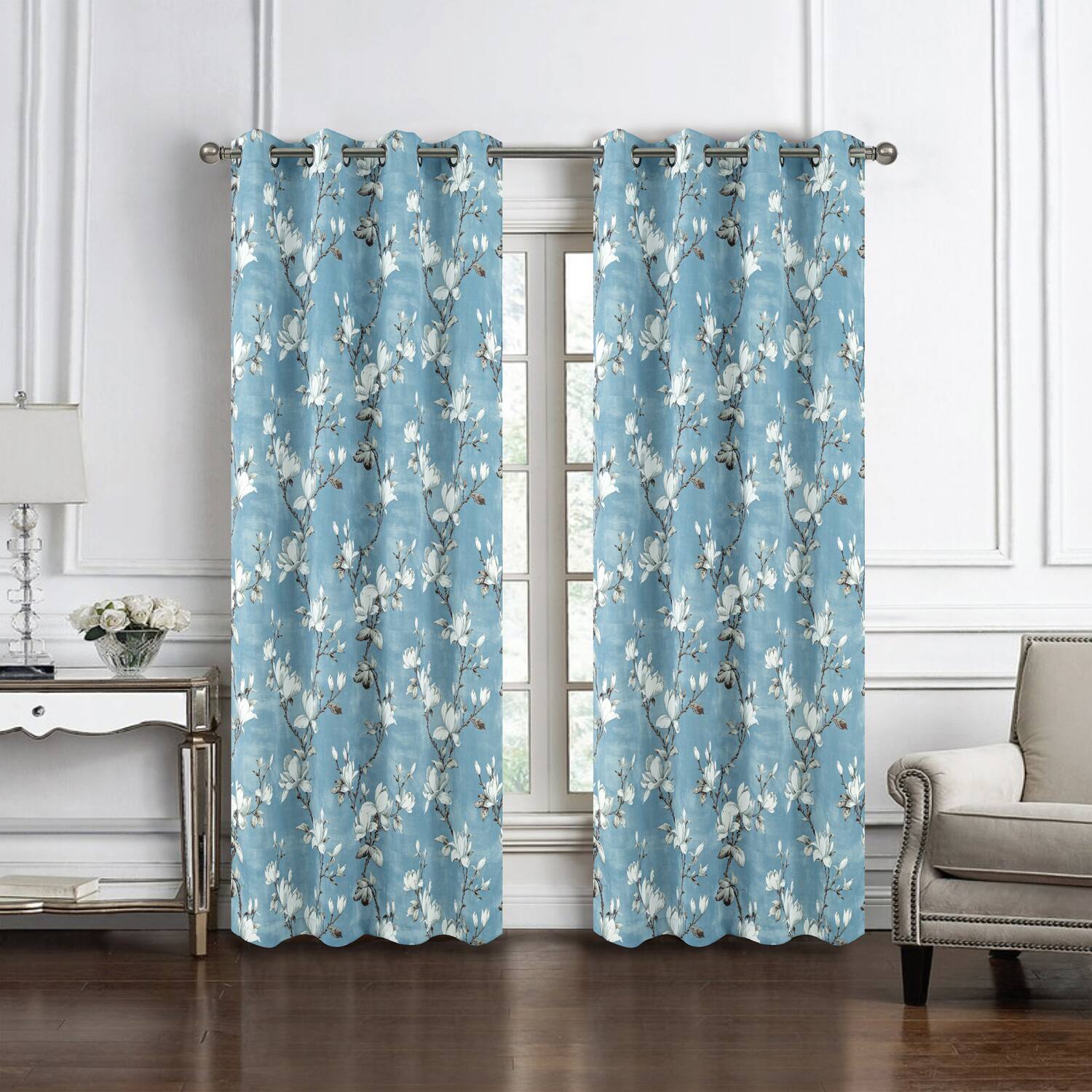 Angle. Olivia Gray - Olivia Gray 100% Polyester 200 GSM Blossom Printed Blackout Grommet Curtain Panel 54" x 90" Blue - Blue.