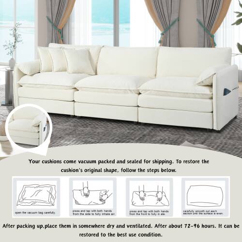 Your cushions come vacuum packed and sealed for shipping. To restore the cushion's original shape, follow the steps below.

1. Open the vacuum bag carefully.
2. Press and tap with both hands from the side to fully inhale air.
3. Press and tap with both hands from the front to fully inhale air.
4. Carefully smooth out each cushion.

After packing up, place them in somewhere dry and ventilated. After about 72-96 hours, it can be restored to the best use condition.