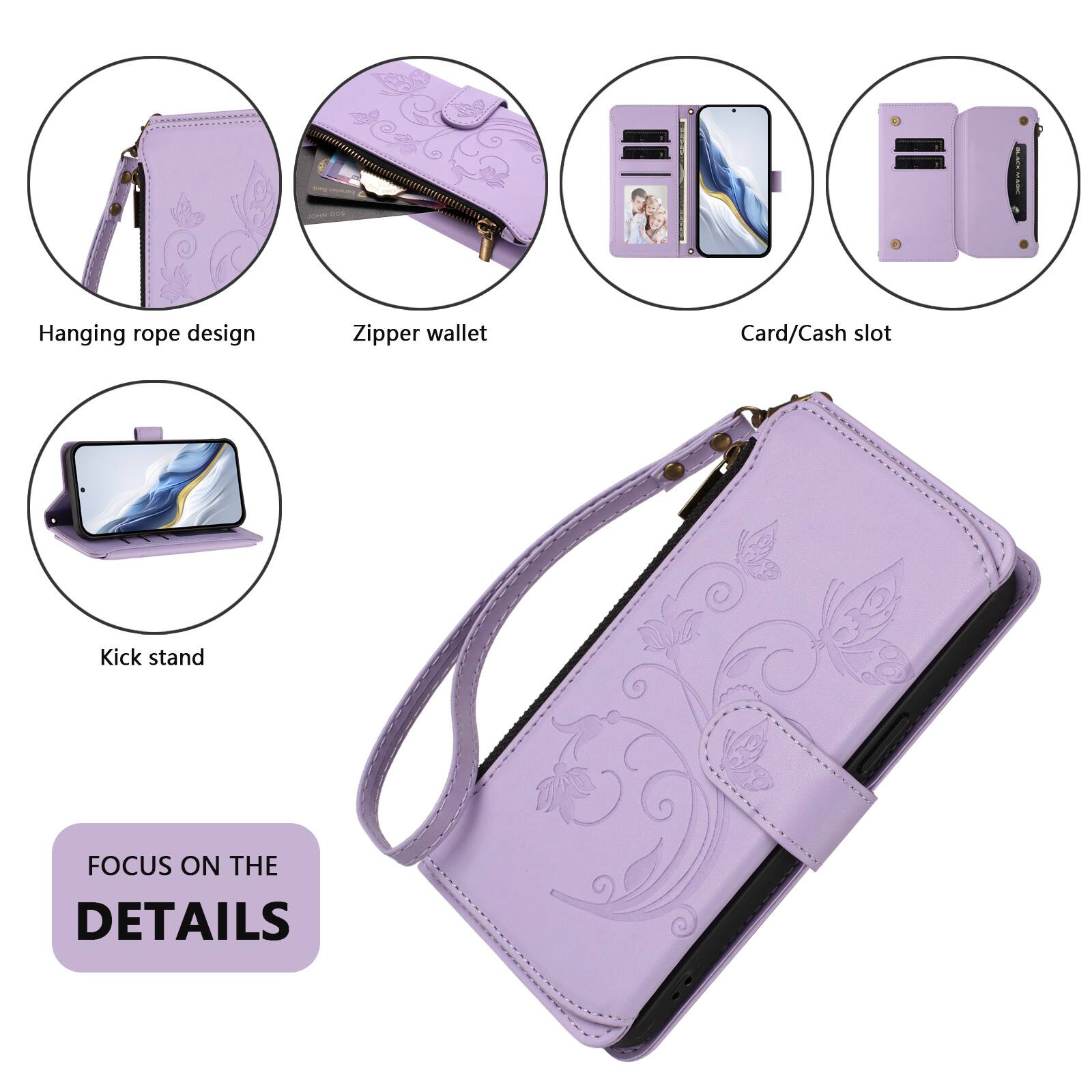 Hanging rope design  
Zipper wallet  
Card/Cash slot  
Kick stand  

FOCUS ON THE DETAILS