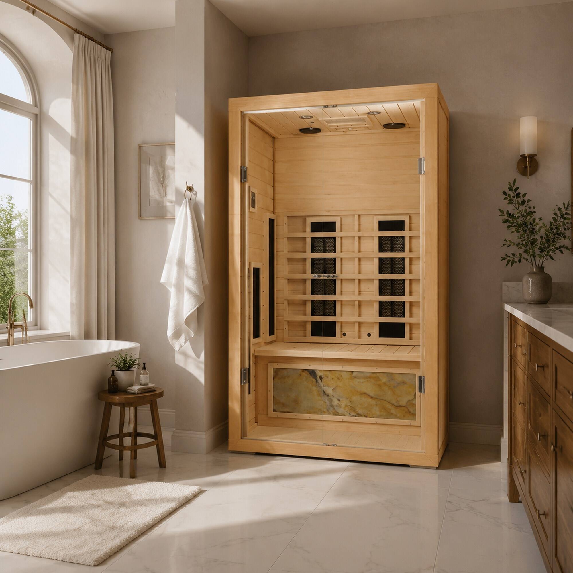 Back. RYHNUYNE - Two-Person Hemlock Wood Far-Infrared Sauna Room, Clear Wood Grain, Carbon Crystal Heating Panels, Indoor Use - Natural.