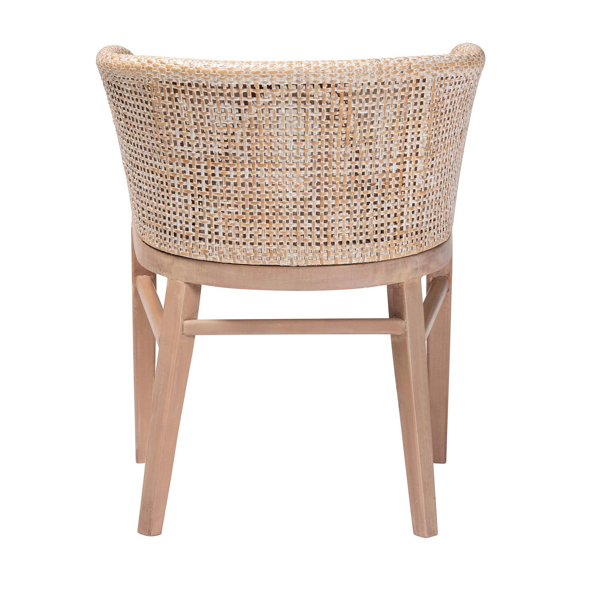 Back. bali & pari - Papua Modern Bohemian Antique Washed Rattan and Mahogany Wood Dining Chair - Antique white wash/ Light brown.