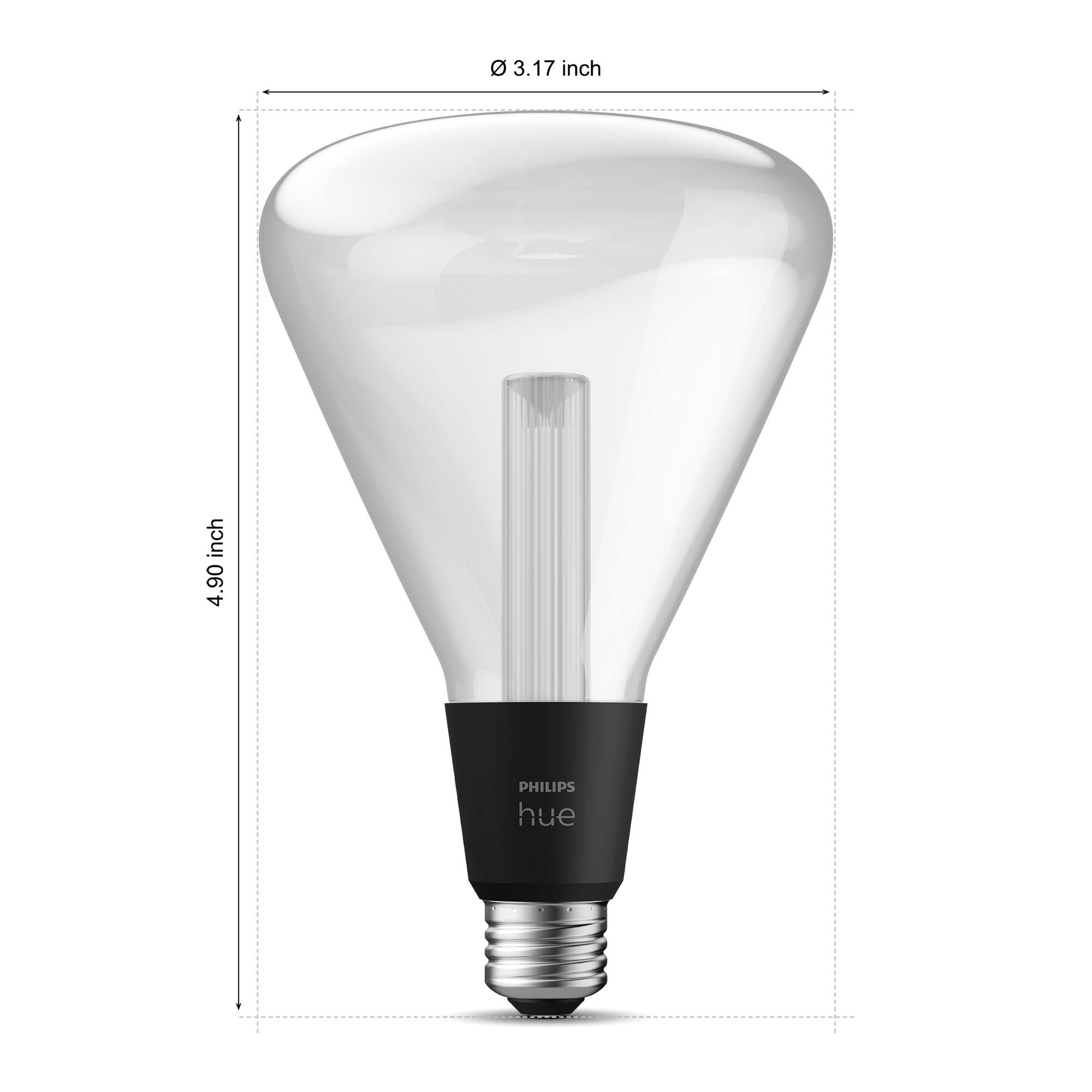 The text on the image reads "3.17 inch 4.90 PHILIPS hue." This information indicates that the light bulb is a Philips hue bulb, measuring 3.17 inches in length and 4.90 inches in diameter.