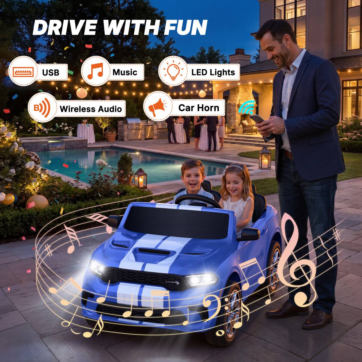 DRIVE WITH FUN

- USB
- Music
- LED Lights
- Wireless Audio
- Car Horn