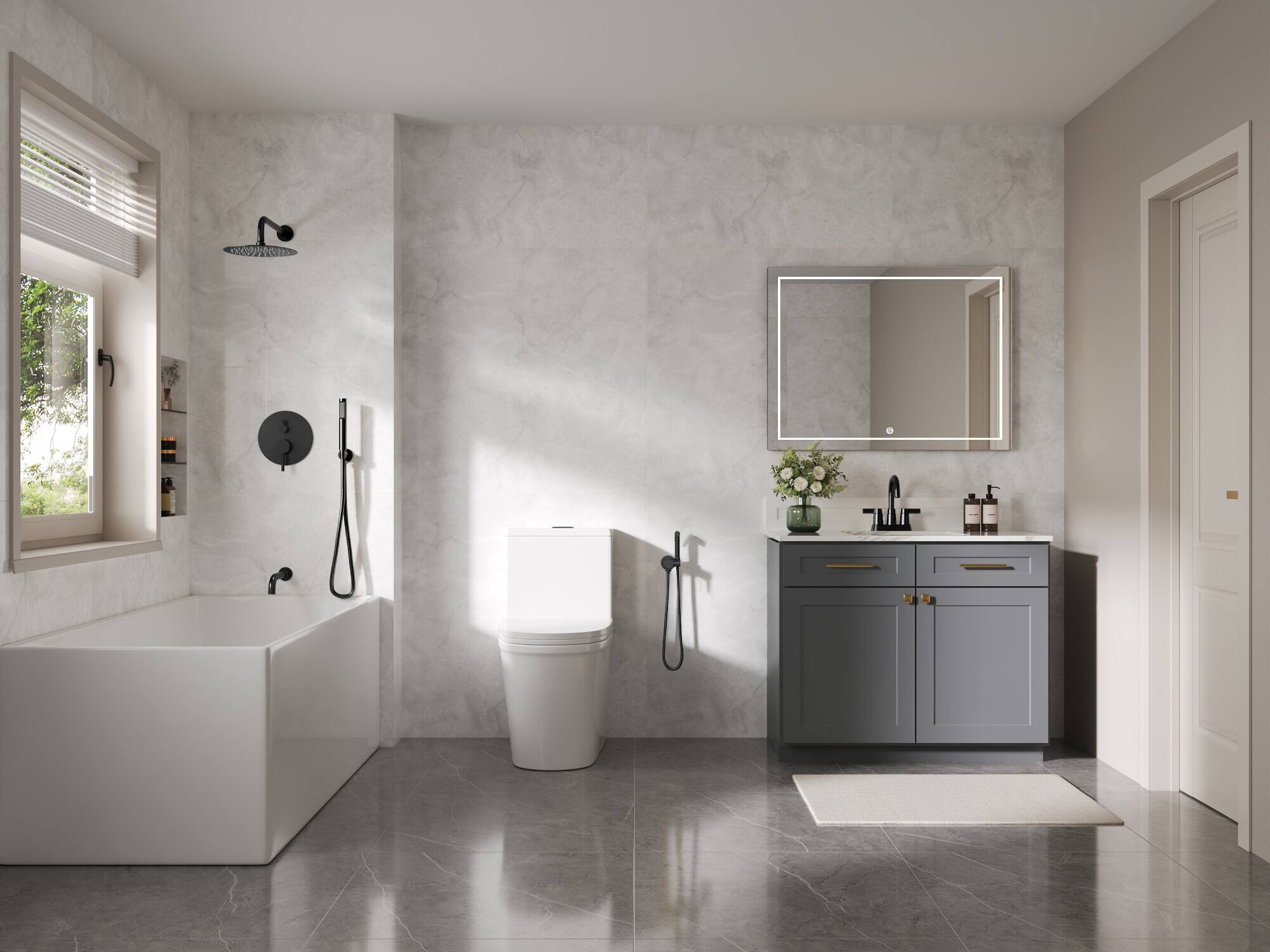 Left. GRANDJOY - Handheld Bidet Faucet with Hot and Cold Mixing Valve, Wall Mount  - Matte Black.