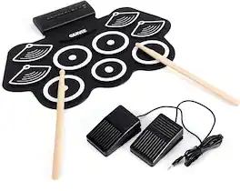 Acekool - Electronic Drum Set, 9-Drum Thick Silicone Roll-Up Practice Pad Kit with Built-In Speaker, Drum Pedals & Sticks