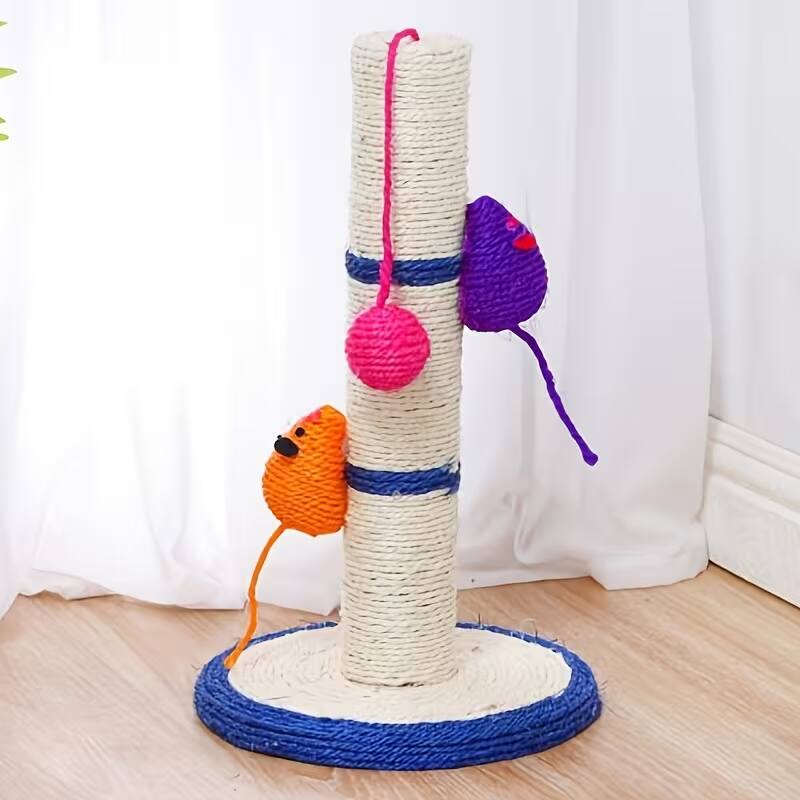Front. Oumilen - Sisal Cat Scratching Post with Hanging Mouse & Ball Toys, 16 in Height for Indoor Cats Scratch Pad Claw Sharpener - White.