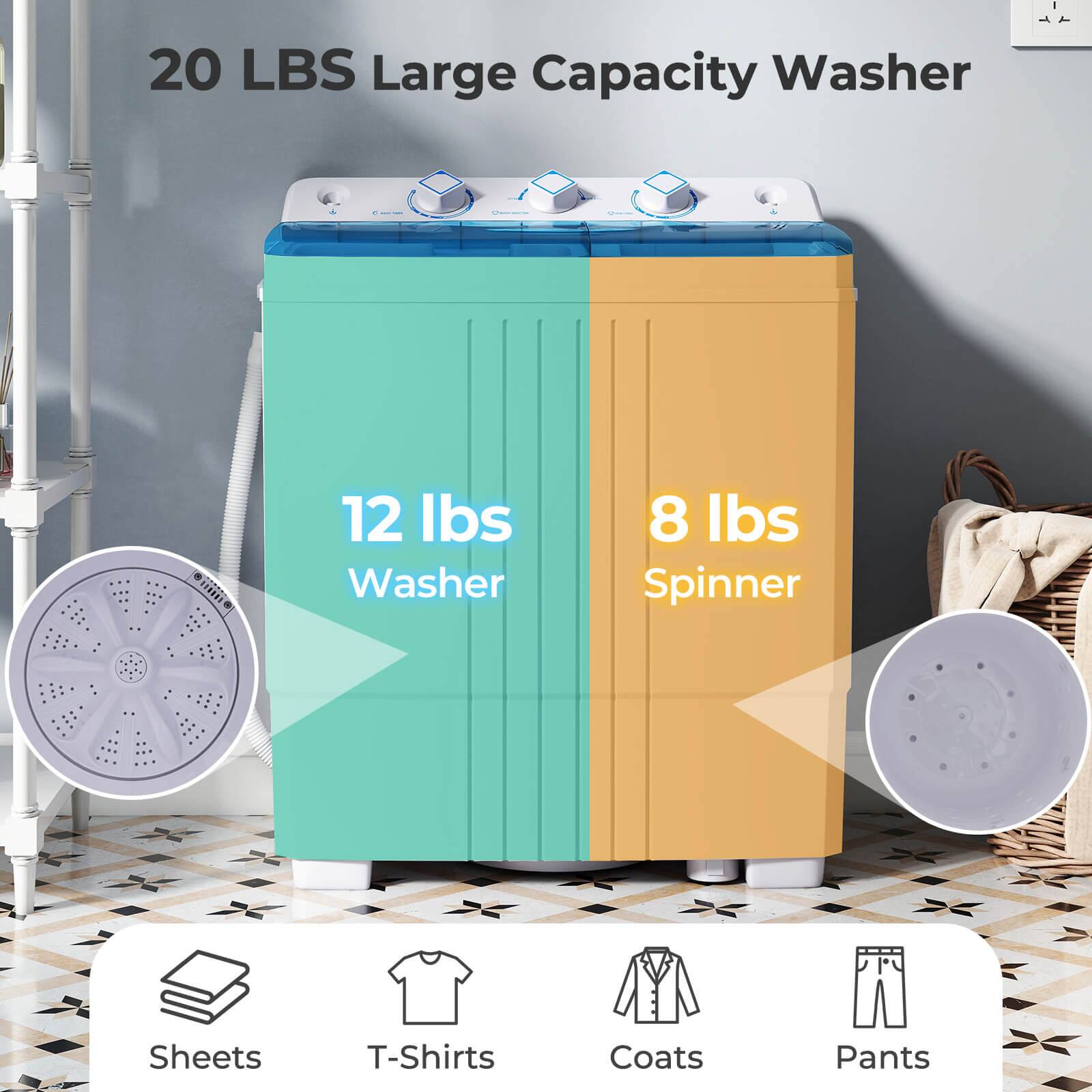20 LBS Large Capacity Washer

12 lbs Washer

8 lbs Spinner

Sheets

T-Shirts

Coats

Pants