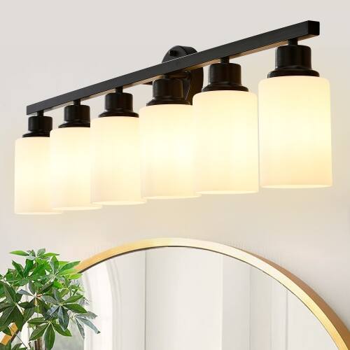 Angle. LUCKY ONE - 6-Light Matte Black Wood Wall Lamp, Glass Shade Sconce for Bathroom or Bedroom Wall Mount - Matte Black,Wood.