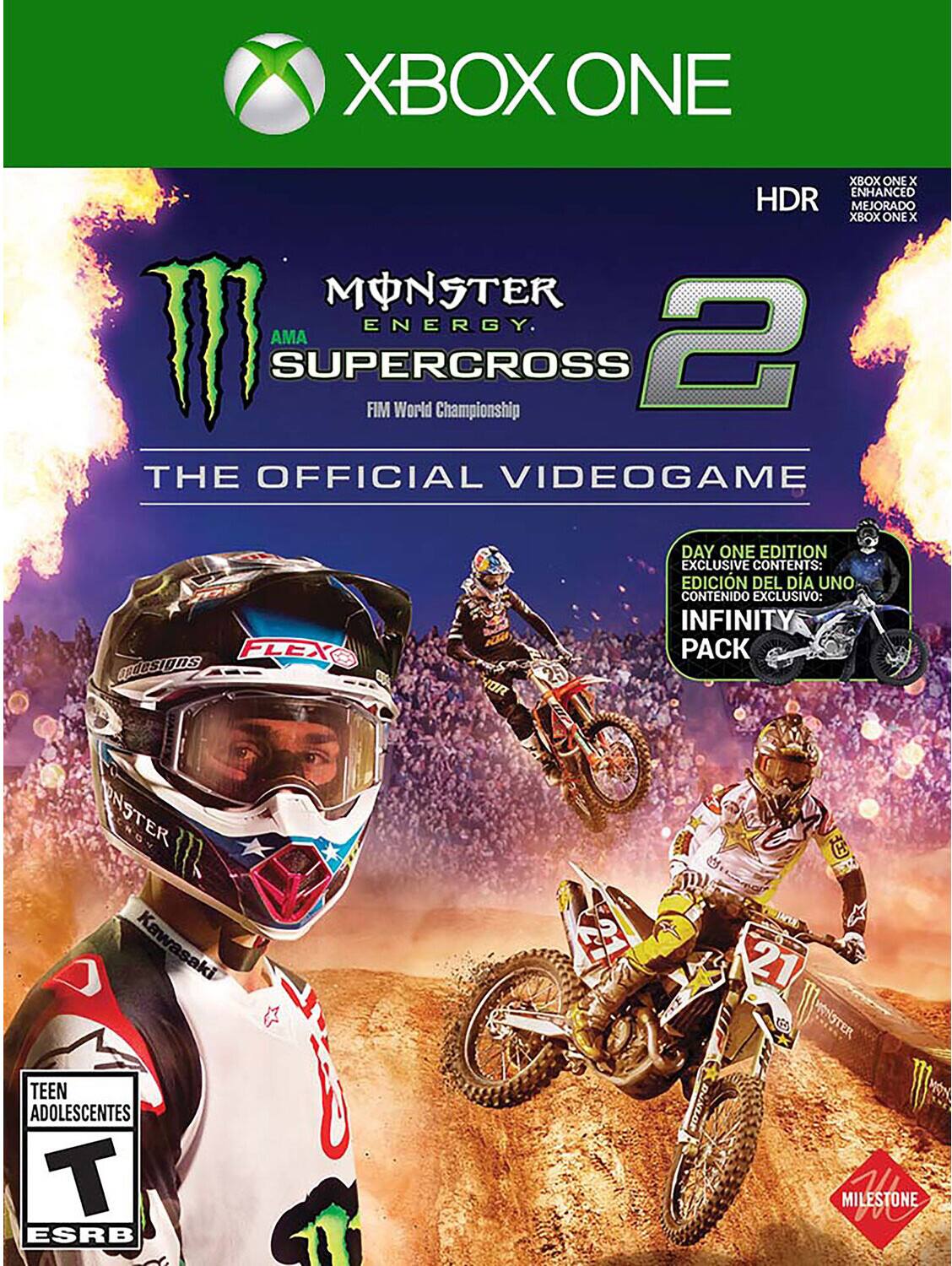 XBOX ONE XBOX ONE X ENHANCED HDR MEJORADO XBOX ONE X MONSTER ENERGY. TI AMA 2 SUPERCROSS FIM World Championship THE OFFICIAL VIDEOGAME PLEX gsicsiuns DAY ONE EDITION EXCLUSIVE CONTENTS: EDICIÓN DEL DÍA UNO CONTENIDO EXCLUSIVO: INFINITY PACK NSTER NOY I Kawasaki TEEN ADOLESCENTES T ESRB d 21 C U 21 MONSTER DUNLOP 1 Arpy MILESTONE