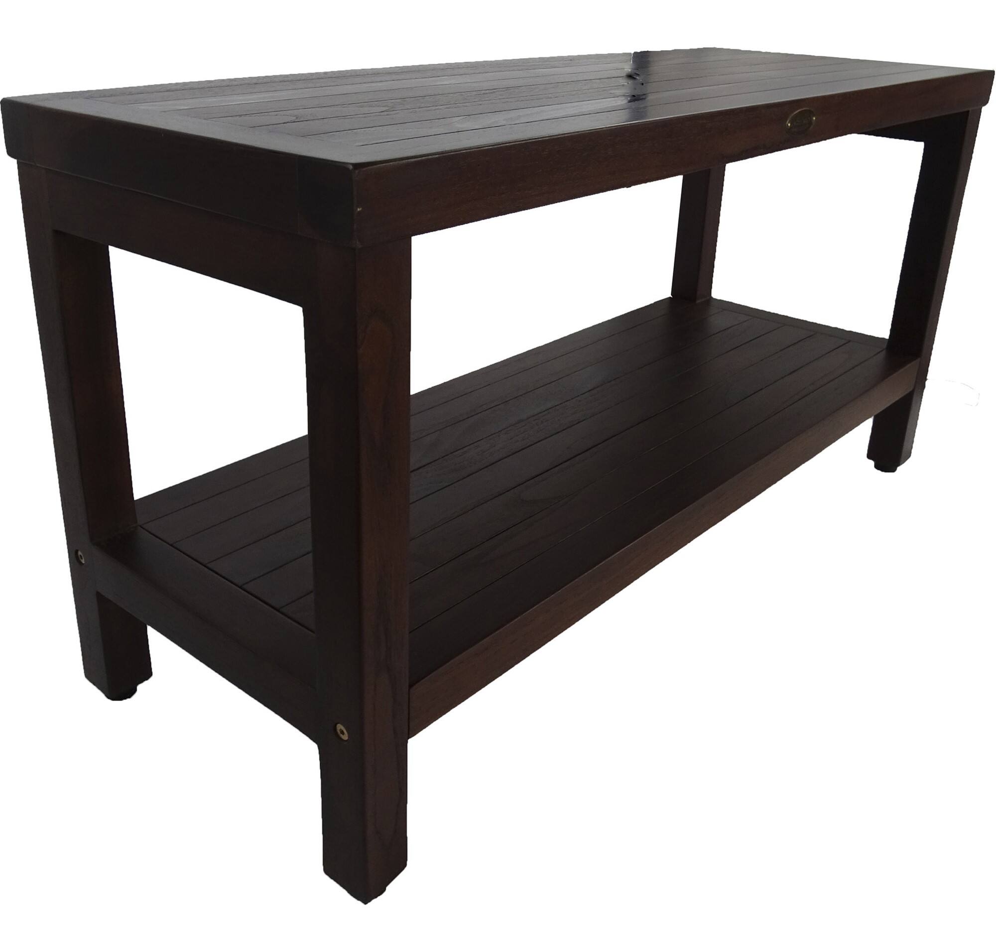 Angle. DecoTeak - DecoTeak® Eleganto® 36" Teak Wood Shower Bench with Shelf in Woodland Brown Finish - Woodland Brown.
