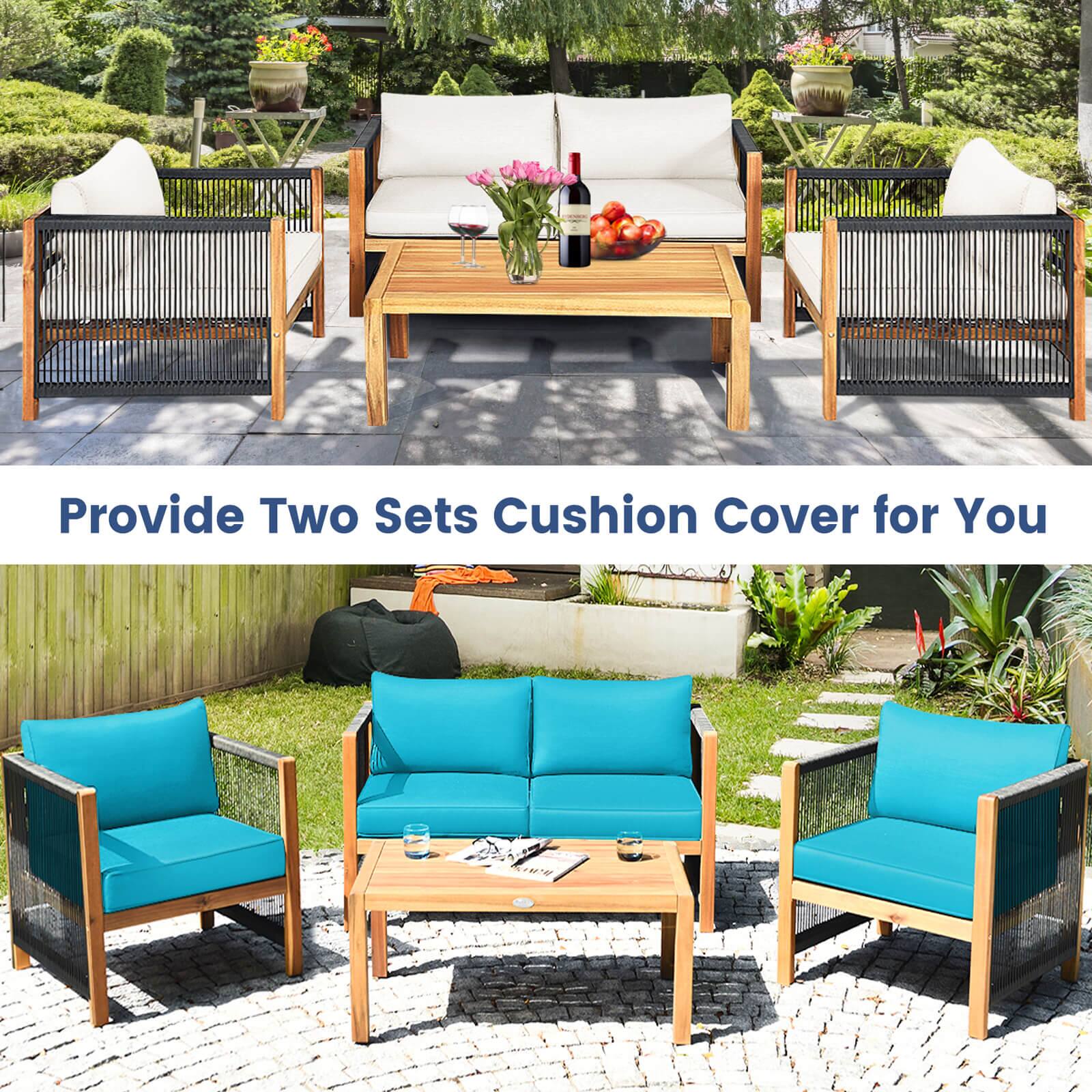 Alt View 9. Costway - Costway 8 PCS Wood Outdoor Patio Furniture Set with Cushions White Turquoise Cushion Cover Sets - Turquoise.