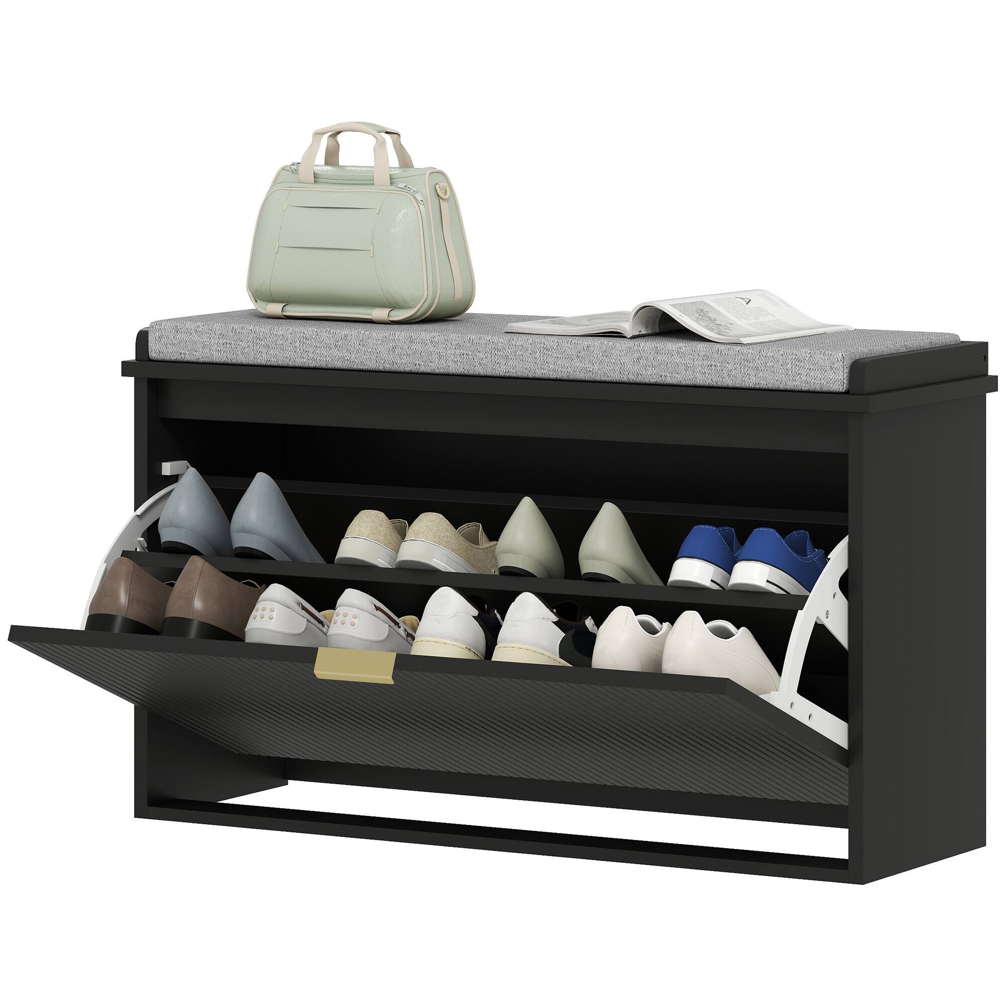 Front. Homcom - Storage Bench with Padded Seat Cushion and Flip-Drawer, Entryway Bench, Shoe Cabinet - Black.