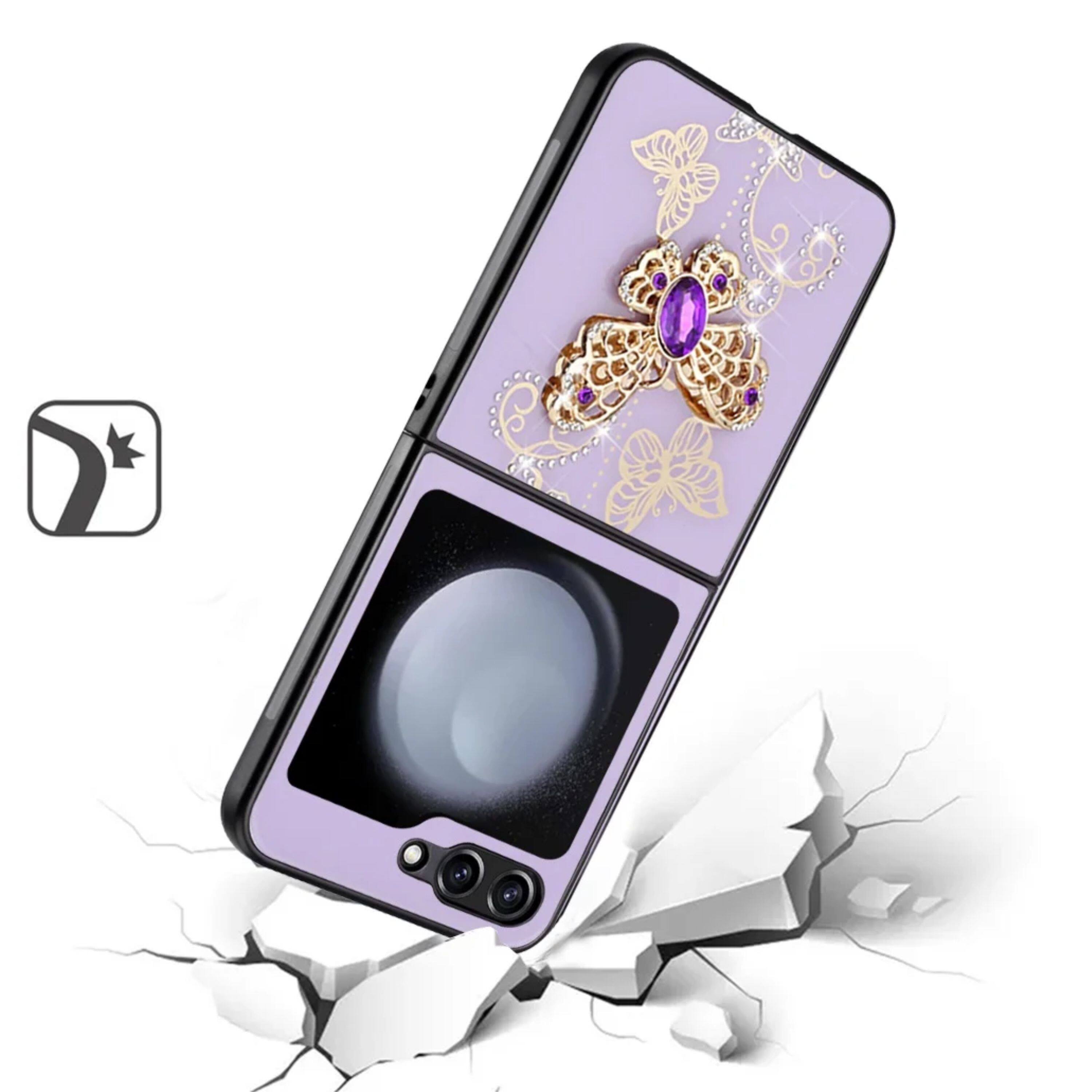 Left. Kitcheniva - Diamond Glitter Charms Phone For Samsung Galaxy Z Flip 6 Butterflies Purple - Garden Butterflies Purple.