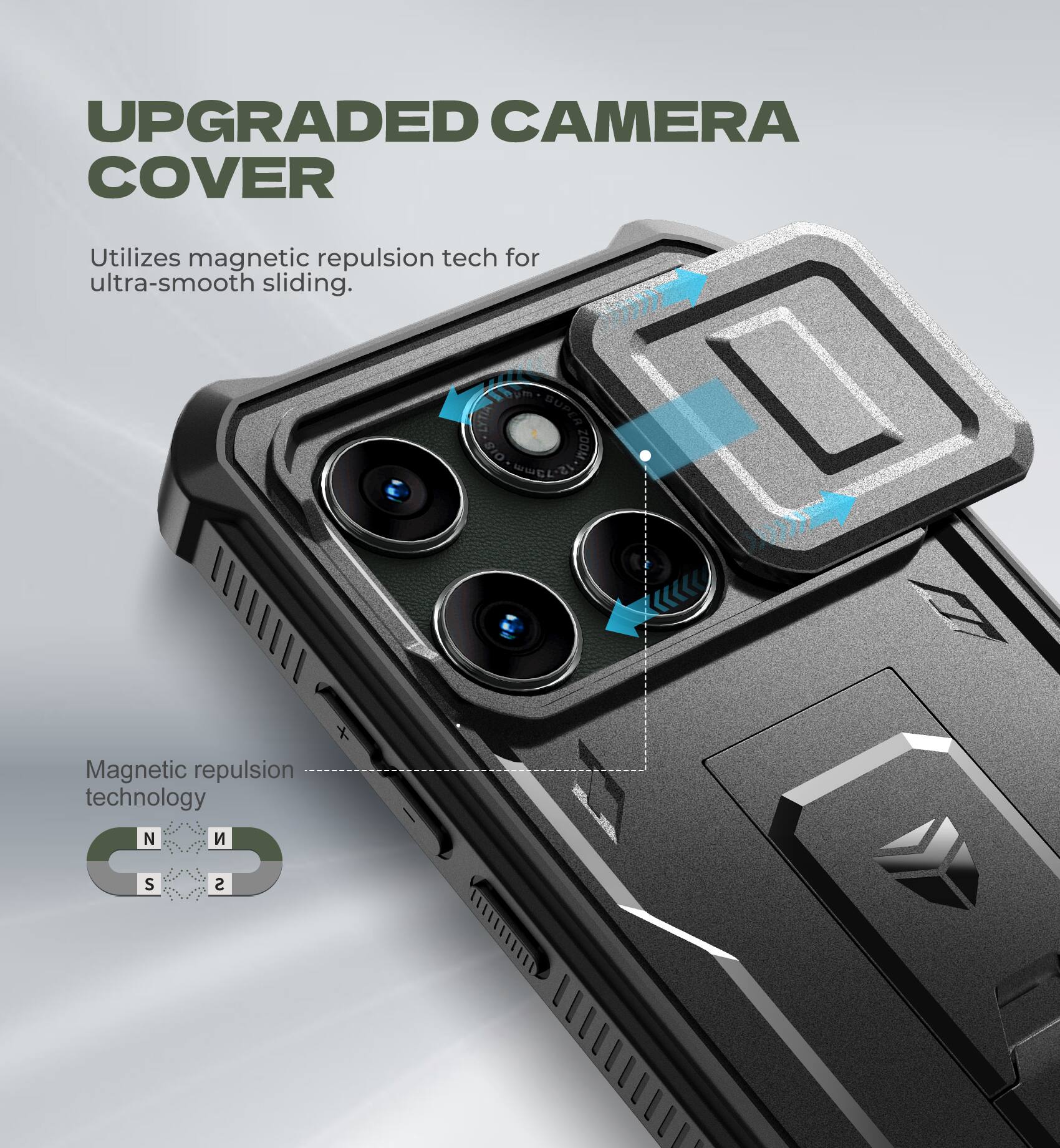 UPGRADED CAMERA COVER  
Utilizes magnetic repulsion tech for ultra-smooth sliding.  

Magnetic repulsion technology