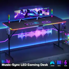 RSPGAME - 55 Inch Gaming Desk with Sound-Reactive Light, Computer Desk with Holder and Hook, PC Gaming Table for Home Office - Black
