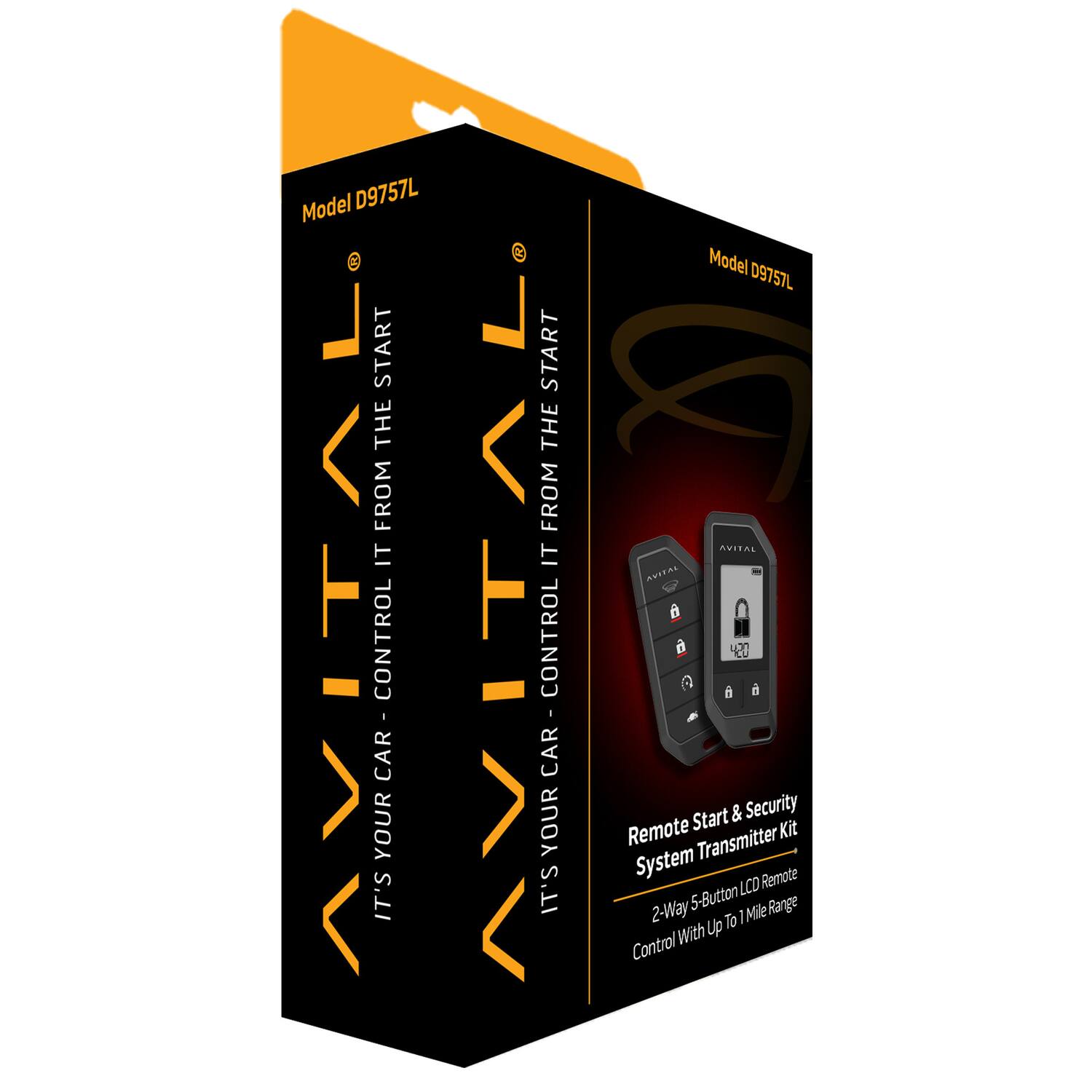 Model D9757L  
START THE FROM IT AVITAL IT'S YOUR CONTROL CAR - CONT  
Model D9757L  
START FROM THE a AVITAL IT AUI AVITAL CONTROL IT'S YOUR CAR  
Remote Control System 2-Way  
With 5-Button Start Transmitter Up TO  & LCO i Mile Security 6 Remote Range Kit