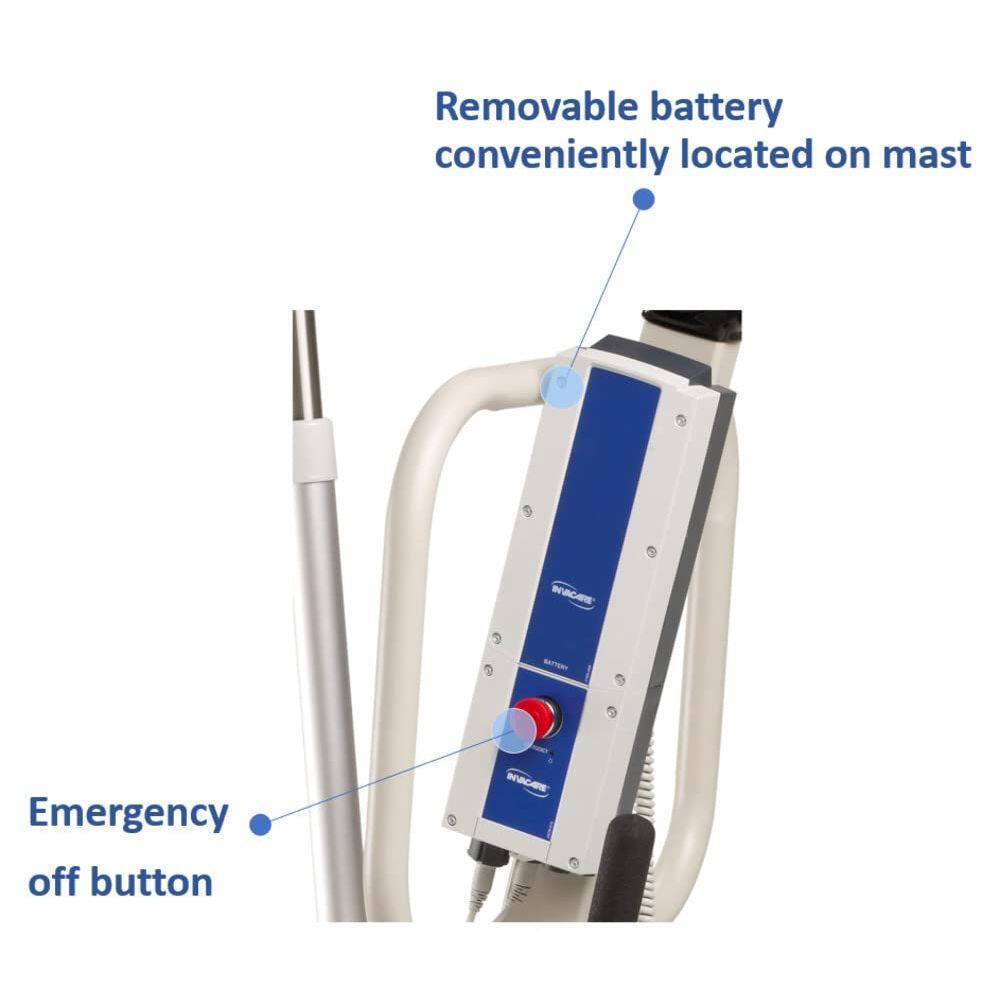 Removable battery conveniently located on mast  
Emergency off button