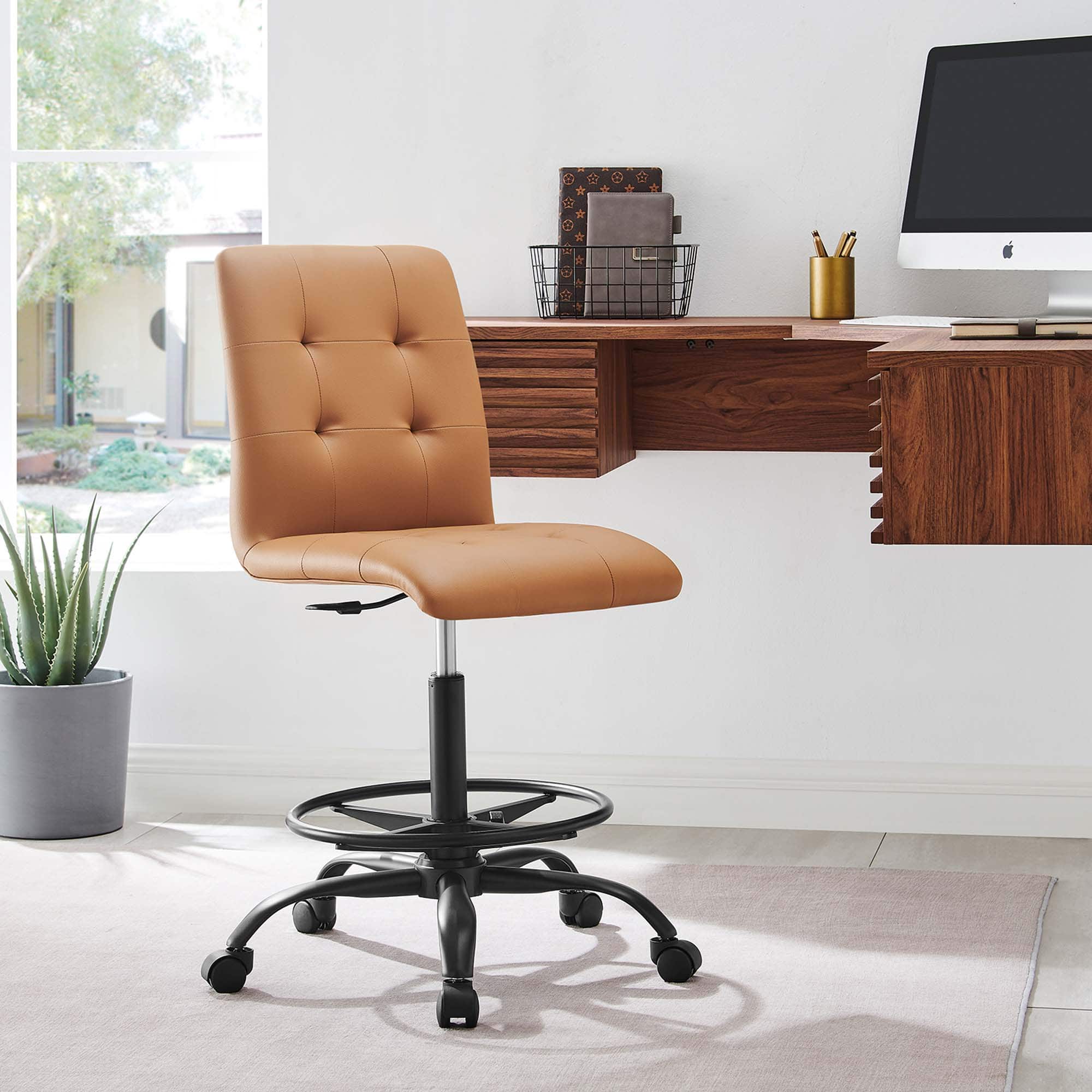 Prim Armless Vegan Leather Drafting Chair by Modway - Black Tan