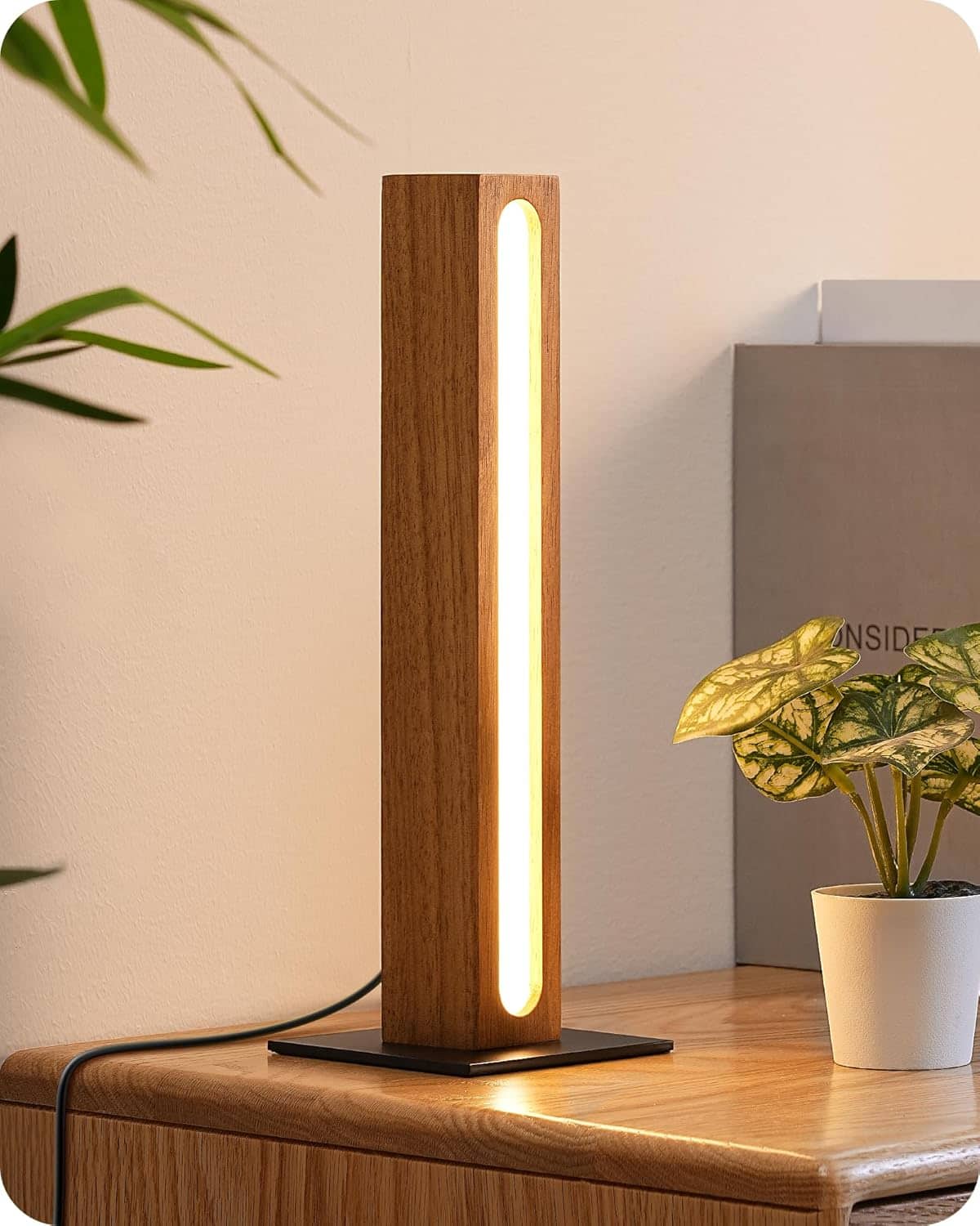 Stamp n Camp - EDISHINE LED Table Lamp Wooden Bedside Lamp with 3 Color Temperatures & Dimmable Touch Control Square Nightstand - Minimalist-Dark wood