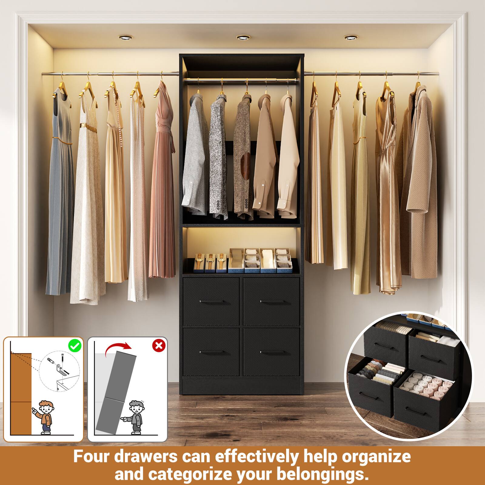 Four drawers can effectively help organize and categorize your belongings.