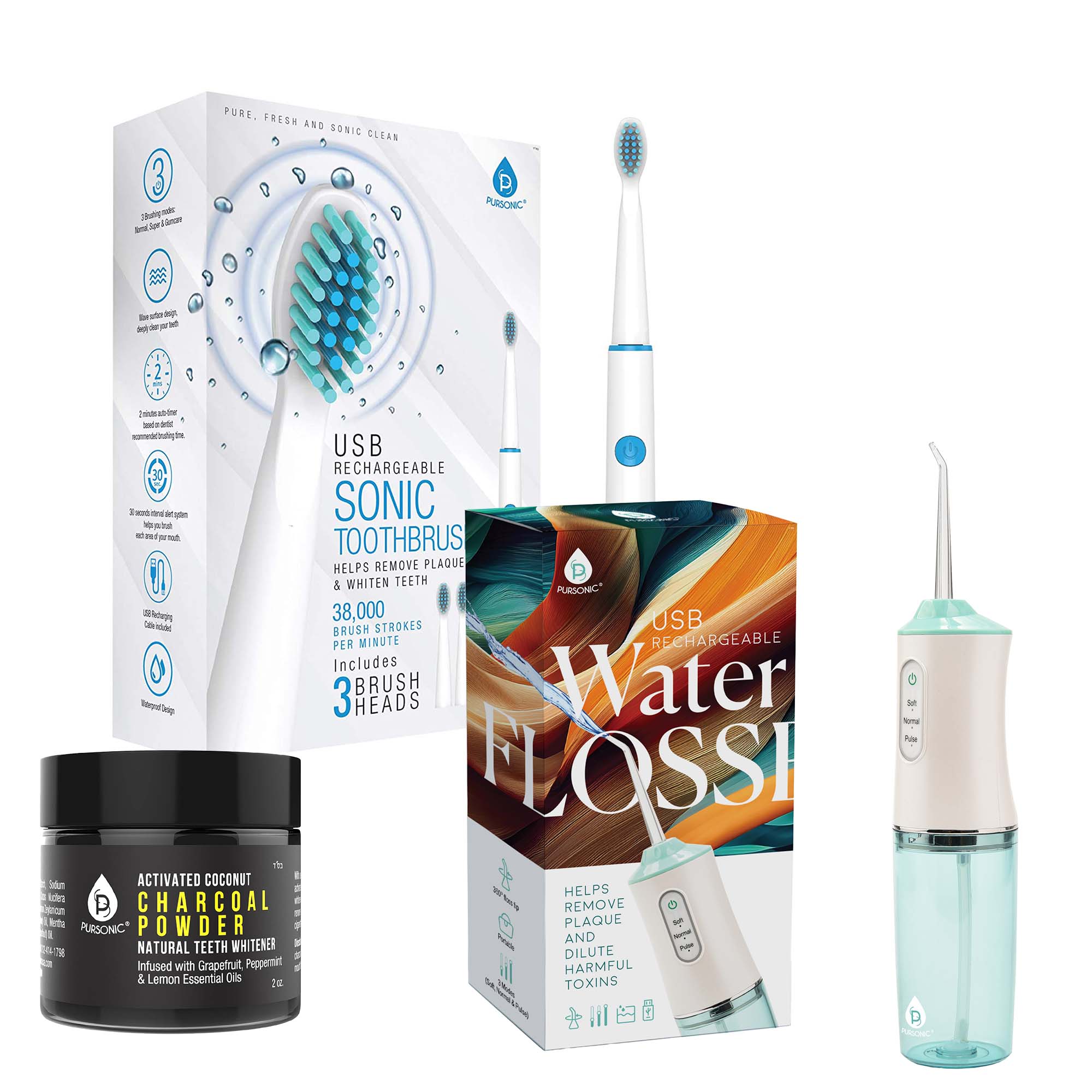 Pursonic - Oral Care Power Bundle: USB Rechargeable Water Flosser, Electric Toothbrush, and Charcoal Teeth Whitener - Multicolor