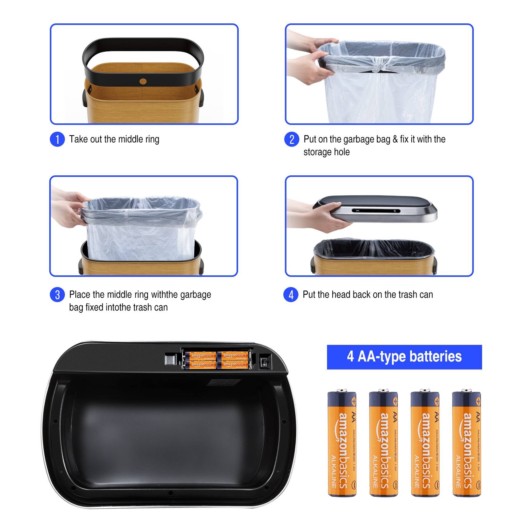 1. Take out the middle ring
2. Put on the garbage bag & fix it with the storage hole
3. Place the middle ring with the garbage bag fixed into the trash can
4. Put the head back on the trash can

4 AA-type batteries
- AmazonBasics AA Alkaline