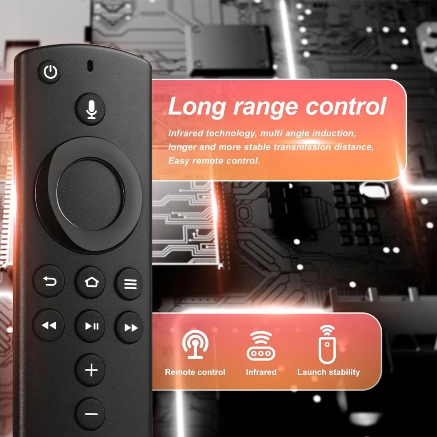 Long range control  
Infrared technology, multi angle induction, longer and more stable transmission distance, Easy remote control.  

Remote control  
Infrared  
Launch stability