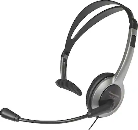 The image features a close-up view of a Panasonic headset, which includes a microphone and earphones. The headset is designed for hands-free communication, making it suitable for various professional and personal applications. The microphone is positioned on the left side of the headset, while the earphones are located on the right side. The headset is likely used for activities such as video conferencing, gaming, or listening to music.