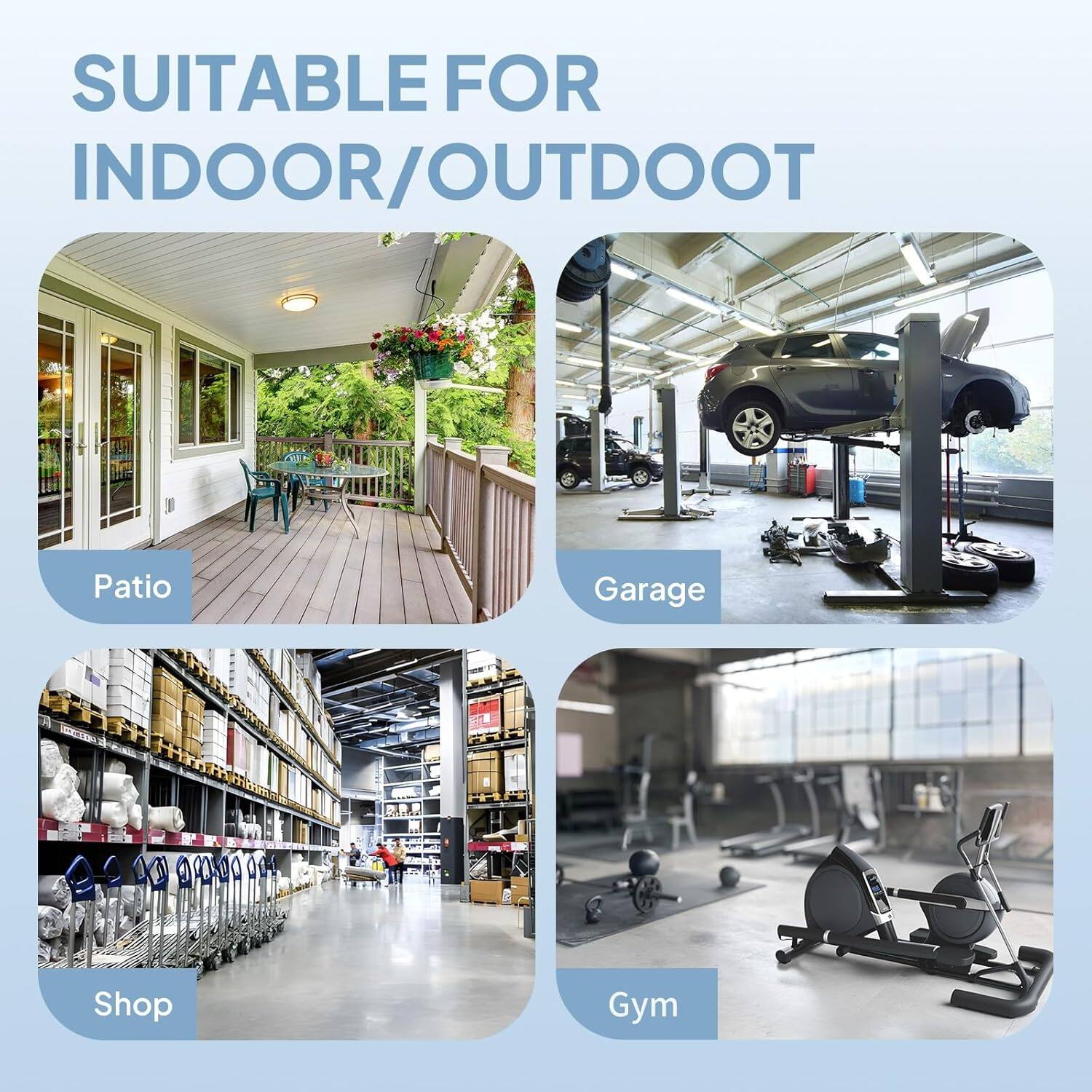SUITABLE FOR INDOOR/OUTDOOR

Patio  
Garage  
Shop  
Gym