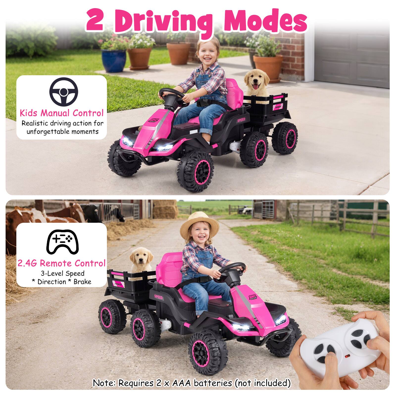 2 Driving Modes

Kids Manual Control  
Realistic driving action for unforgettable moments

2.4G Remote Control  
3-Level Speed  
* Direction * Brake

Note: Requires 2 x AAA batteries (not included)