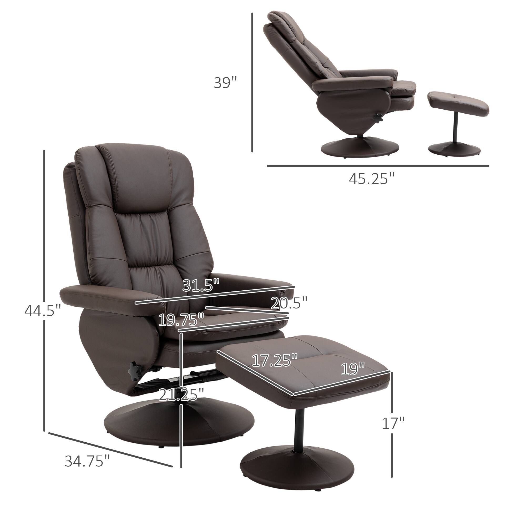 - Height: 44.5"
- Width: 39"
- Depth: 45.25"
- Seat Height: 19.75"
- Seat Depth: 20.5"
- Armrest Height: 31.5"
- Back Height: 34.75"
- Table Height: 21.25"
- Table Width: 17.25"
- Table Depth: 19"
- Ottoman Height: 17"