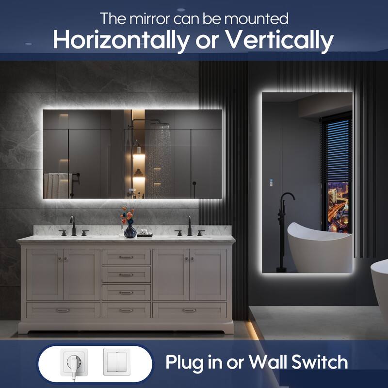 The mirror can be mounted Horizontally or Vertically. Plug in or Wall Switch