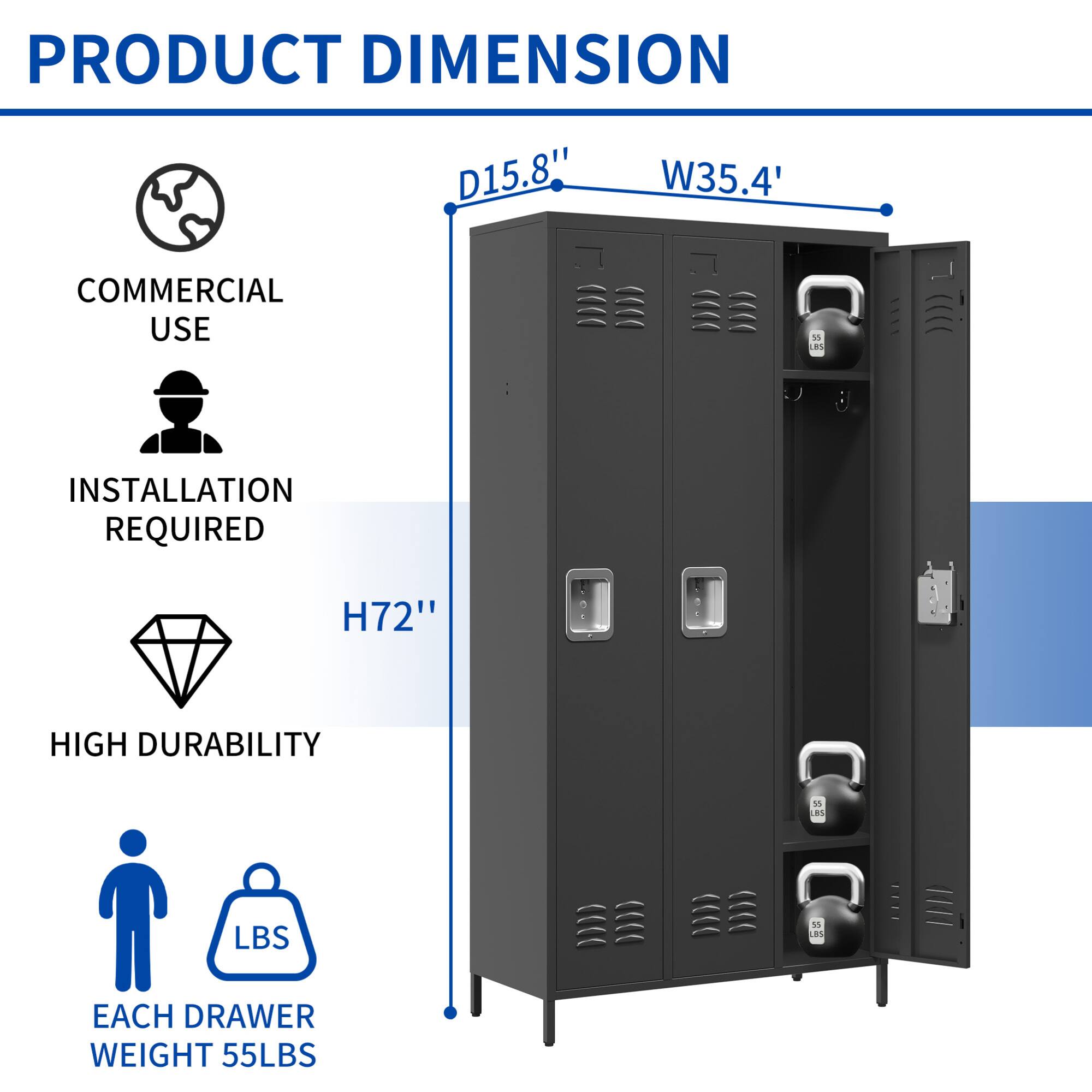 Angle. GOODSILO - Three-Door Steel Storage Locker Cabinet for Secure Organization in Home Gym Office or Garage - Black.