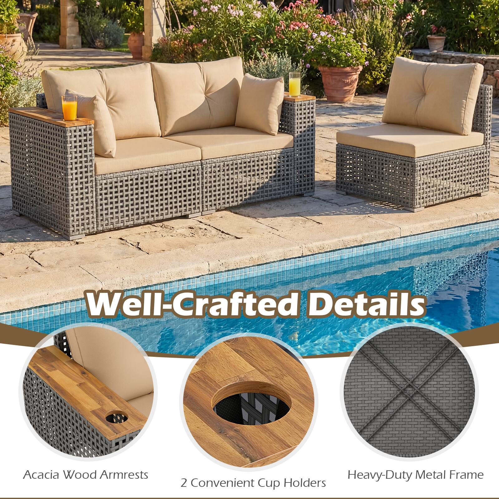 Well-Crafted Details

- Acacia Wood Armrests
- 2 Convenient Cup Holders
- Heavy-Duty Metal Frame