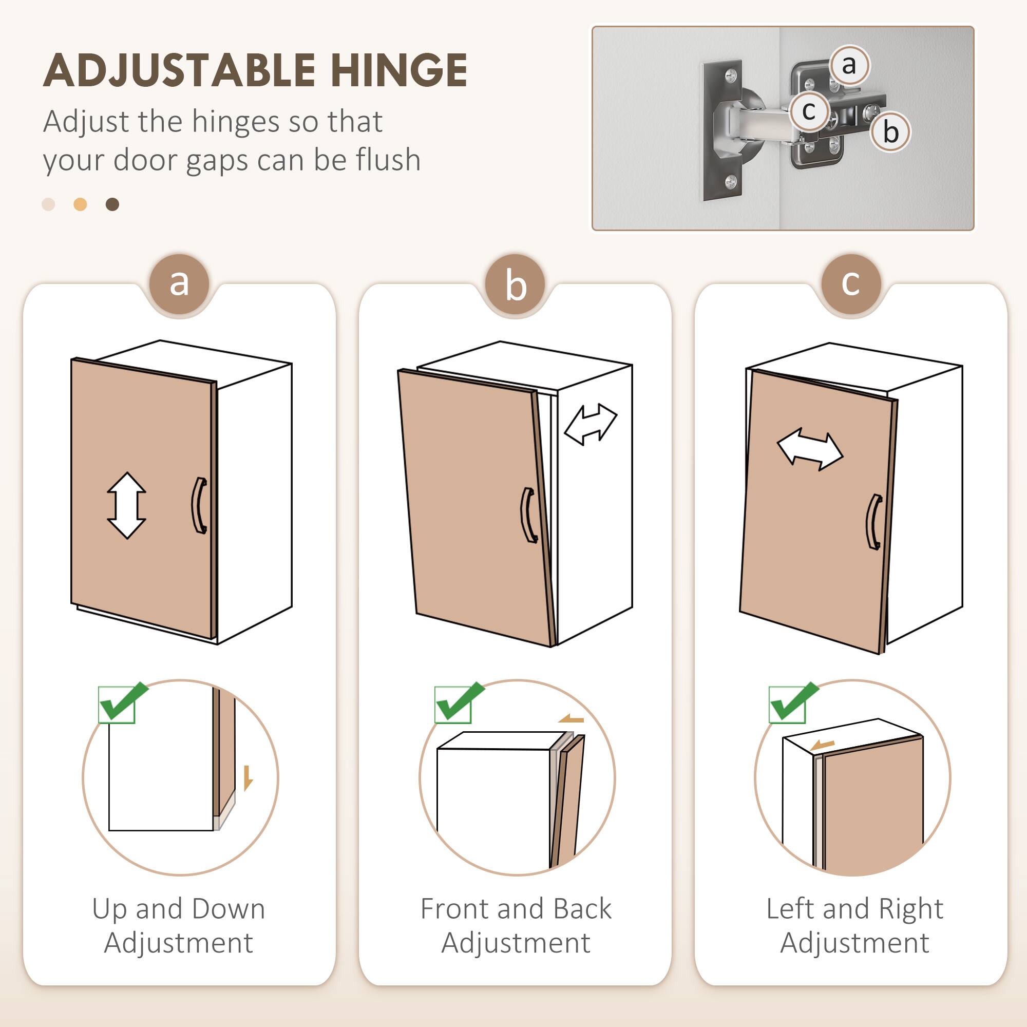 ADJUSTABLE HINGE

Adjust the hinges so that your door gaps can be flush

a
b
c

a
b
c

Up and Down Adjustment
Front and Back Adjustment
Left and Right Adjustment