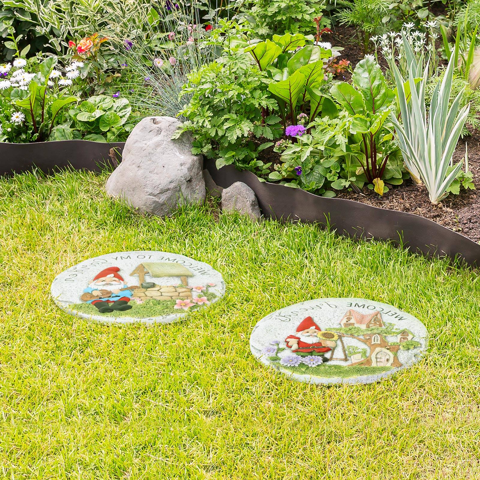 Oumilen - 2‑Pack Gnome Garden Stepping Stones – 9.8in Round Resin Walkway Stones with Gnome Pattern for Yard Lawn Pathway