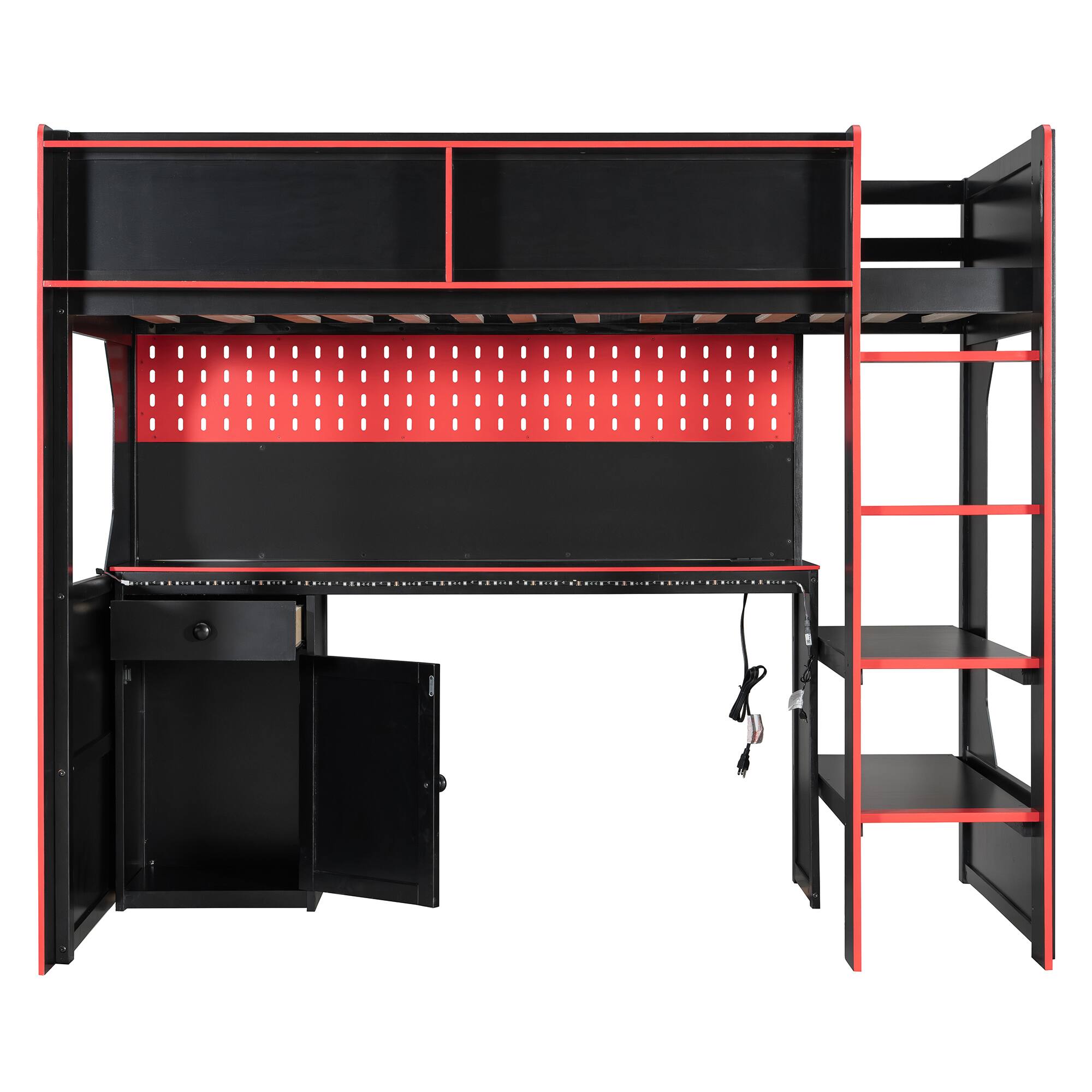 Back. Whisen - Gaming Loft Bed with Desk, RGB LED Lights, Charging Station & Storage, Sturdy Wood Frame - Black|Red.