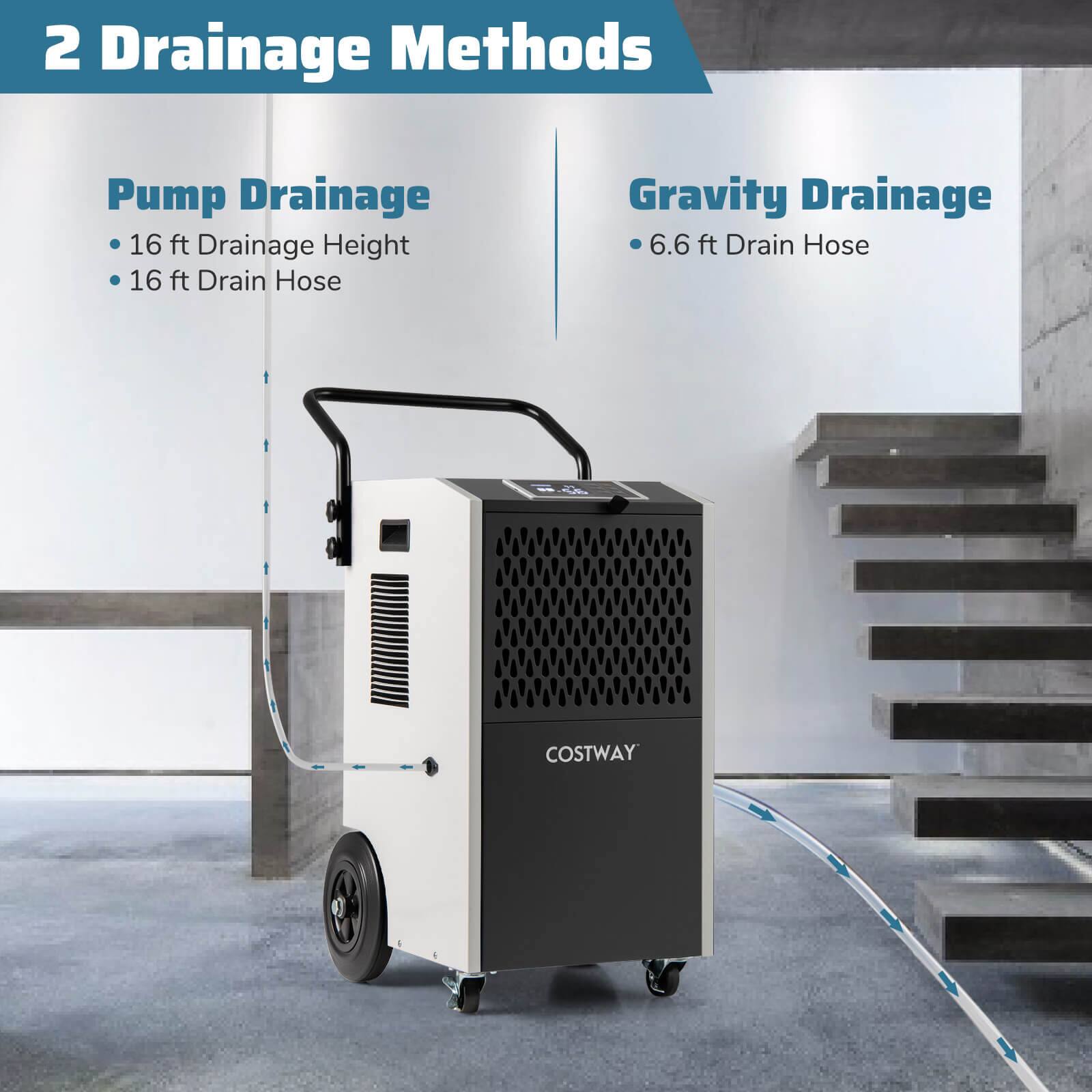 2 Drainage Methods

Pump Drainage
- 16 ft Drainage Height
- 16 ft Drain Hose

Gravity Drainage
- 6.6 ft Drain Hose

COSTWAY