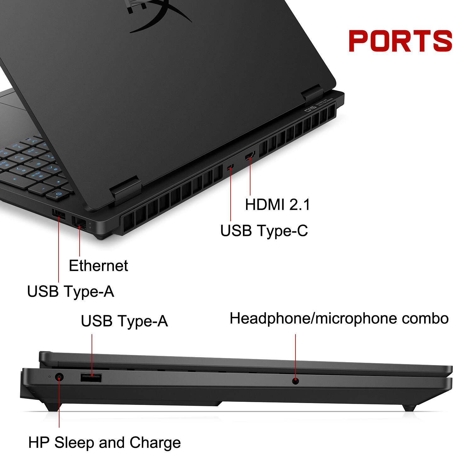 PORTS

- HDMI 2.1
- USB Type-C
- Ethernet
- USB Type-A
- USB Type-A
- Headphone/microphone combo
- HP Sleep and Charge