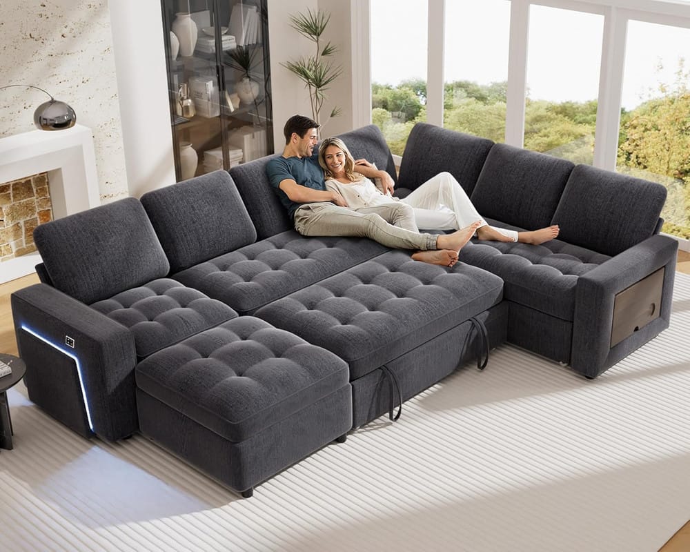 Front. Dyonery - Dyonery 7-seater U-shaped sofa, with pull-out bed, reclining backrest, storage cabinet, tool-free assembly, snow velvet - Grey.