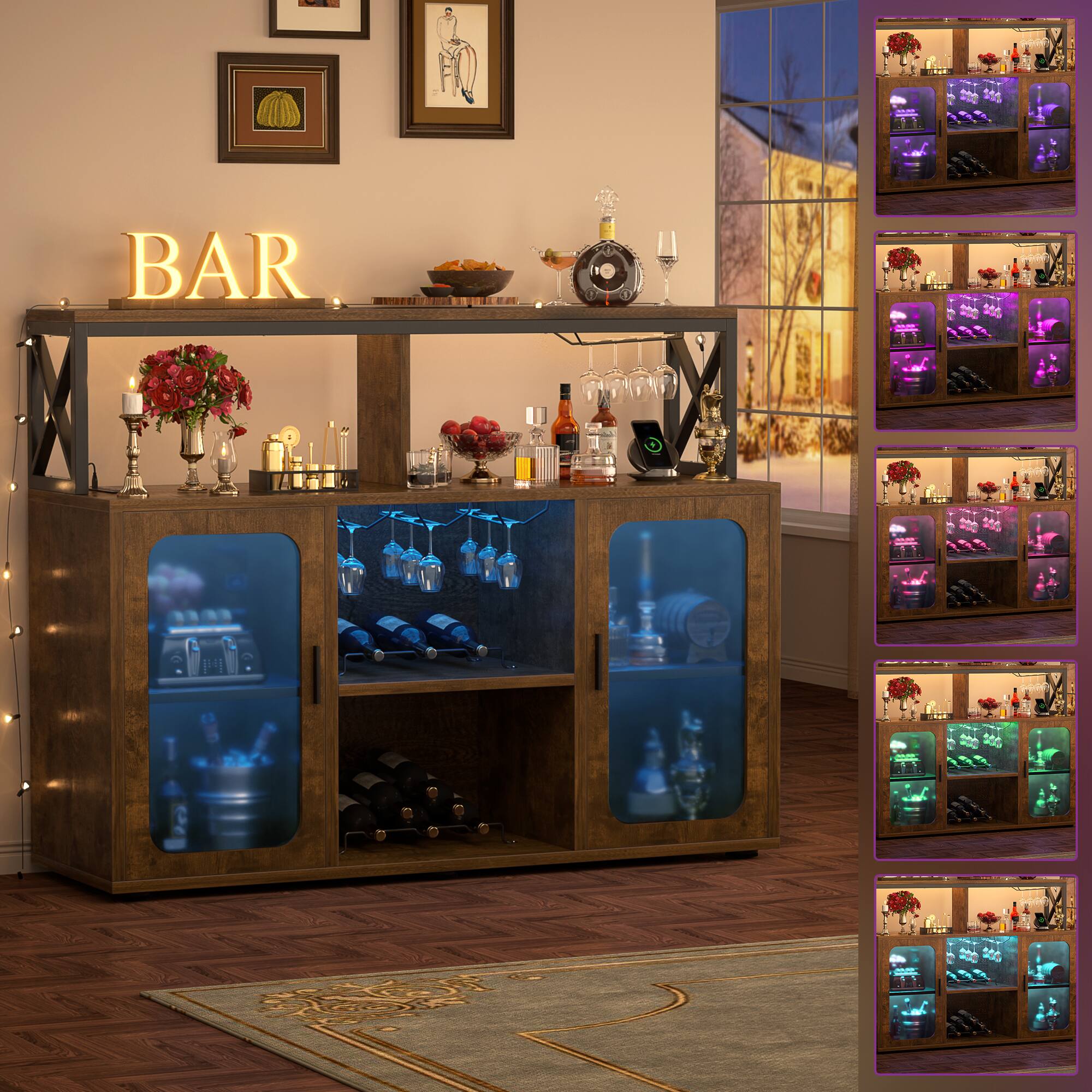 Back. Aheaplus - Bar Cabinet with Power Outlets & LED Lights, Glass Holder, Wine Rack,Multi-functional Storage Buffet for Home/Kitchen - Rustic Brown.