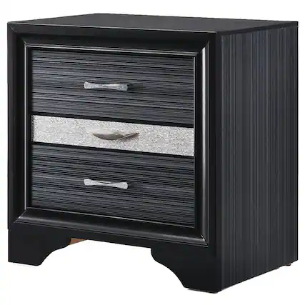 Front. Manhattan Lane - Two Tone Wooden Nightstand With Three Drawers - Black, Silver.