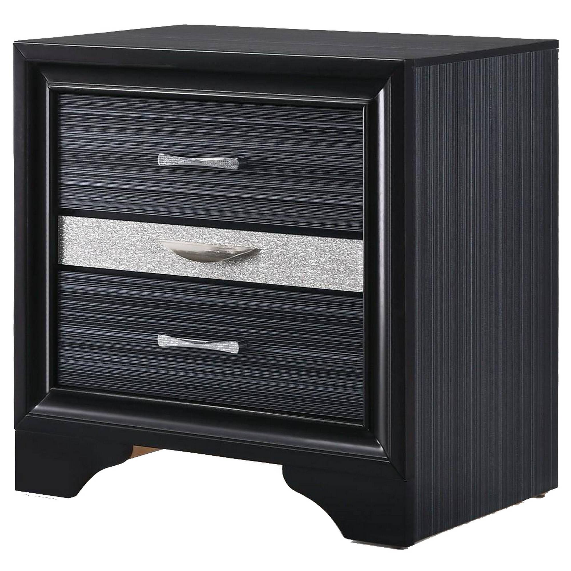 Front. Manhattan Lane - Two Tone Wooden Nightstand With Three Drawers - Black, Silver.
