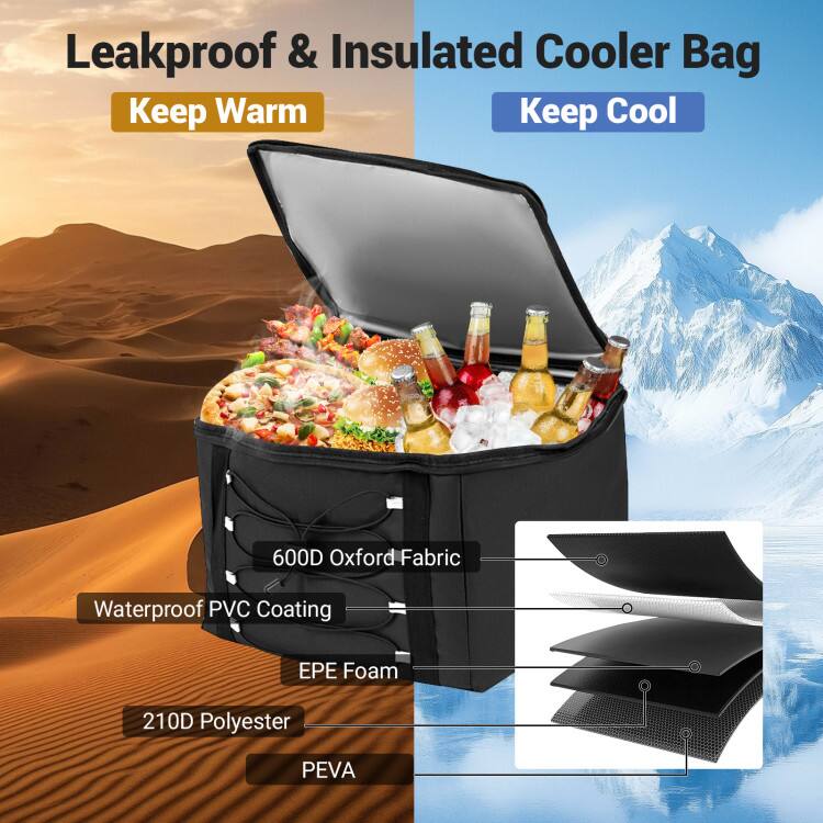 Leakproof & Insulated Cooler Bag  
Keep Warm  
Keep Cool  

600D Oxford Fabric  
Waterproof PVC Coating  
EPE Foam  
210D Polyester  
PEVA