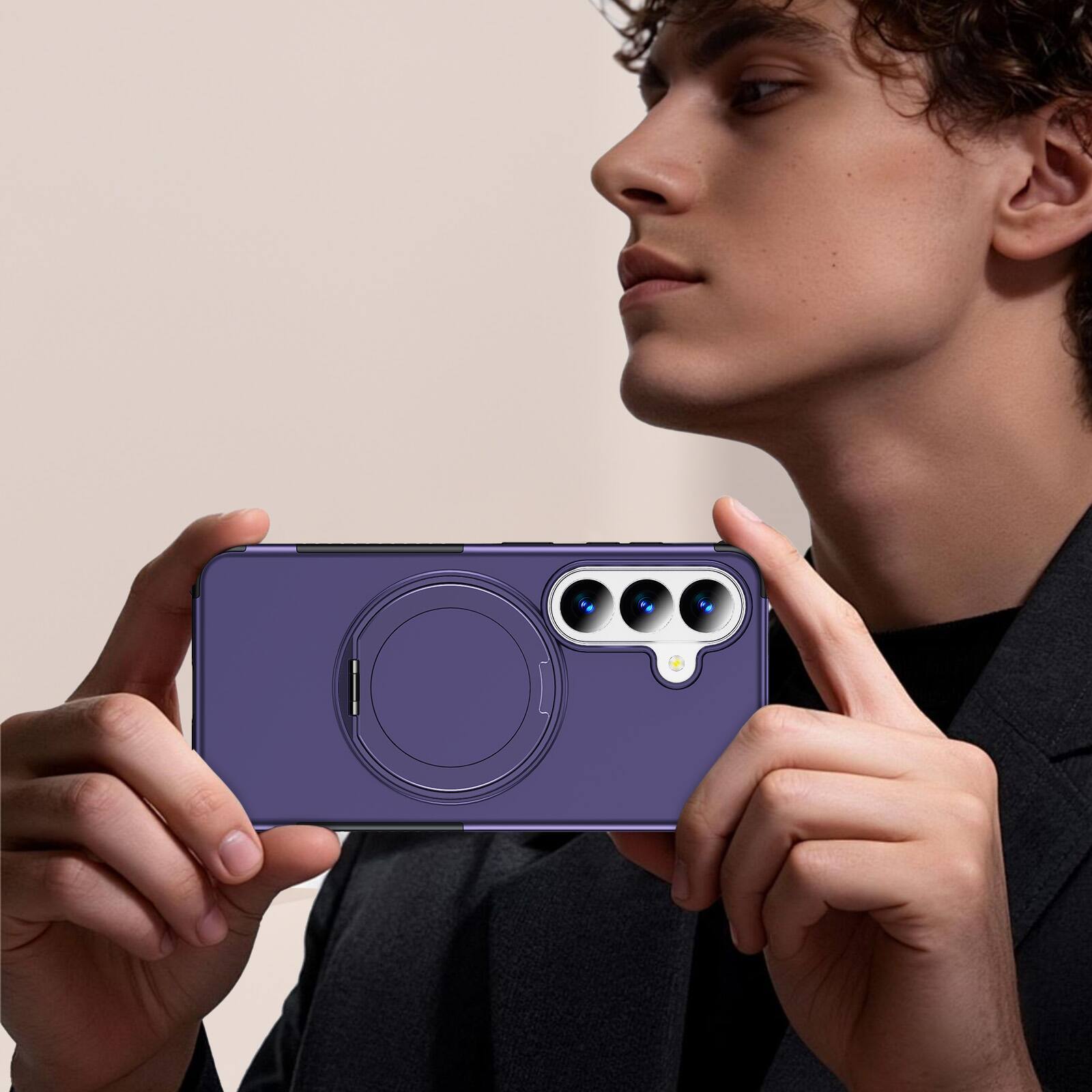 Left. Dteck - Magnetic Shockproof Case for Samsung Galaxy S26, 360 Rotating Ring Stand Non Slip Cover with Raised Edge Protection - Deeppurple.