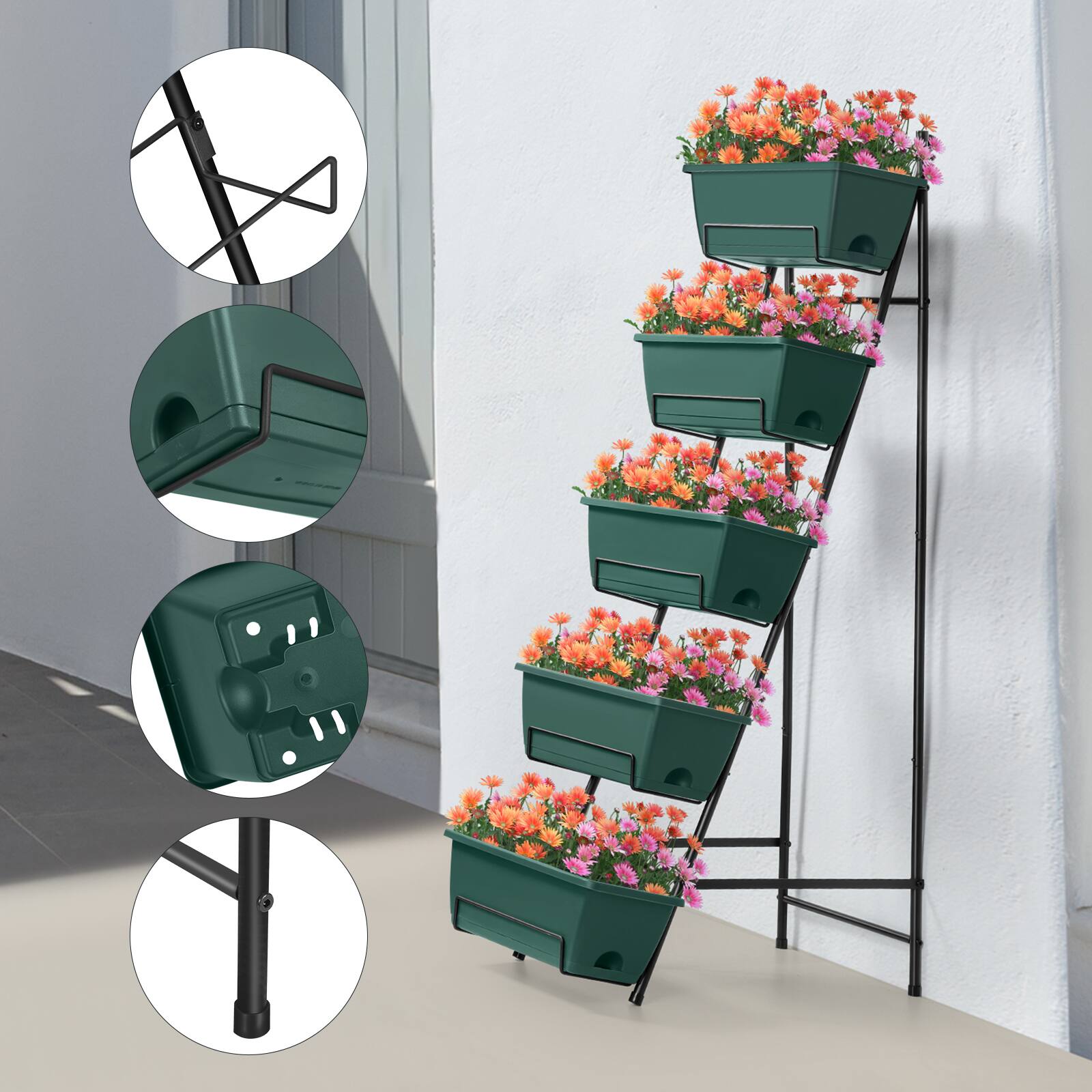 Left. Oumilen - 5-Tier Vertical Raised Garden Bed, Black Metal Plant Stand with 5 Green Planter Boxes for Patio Balcony Backyard.