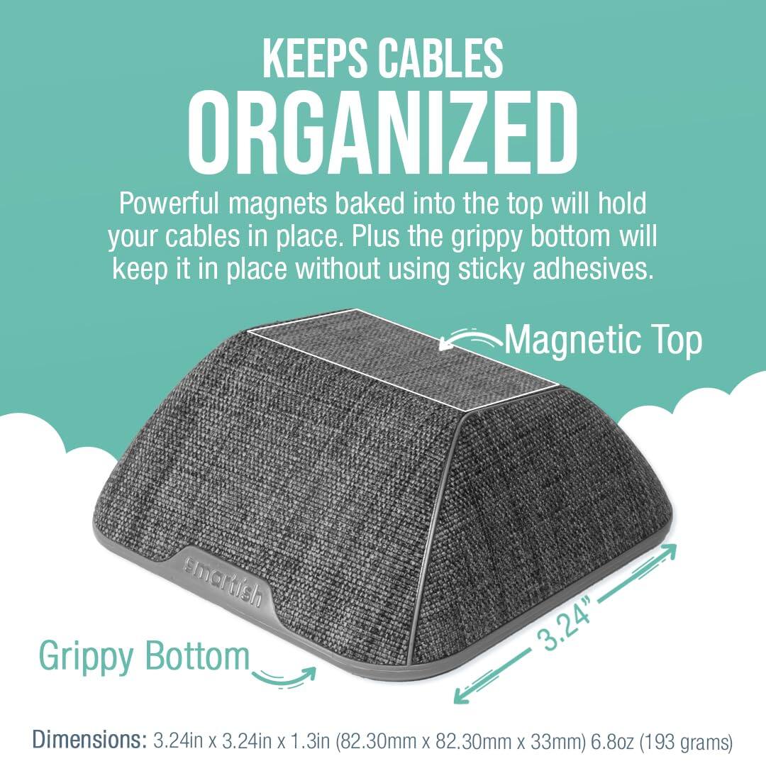 KEEPS CABLES ORGANIZED

Powerful magnets baked into the top will hold your cables in place. Plus the grippy bottom will keep it in place without using sticky adhesives.

Magnetic Top  
Grippy Bottom

Dimensions: 3.24in x 3.24in x 1.3in (82.30mm x 82.30mm x 33mm)  
6.8oz (193 grams)